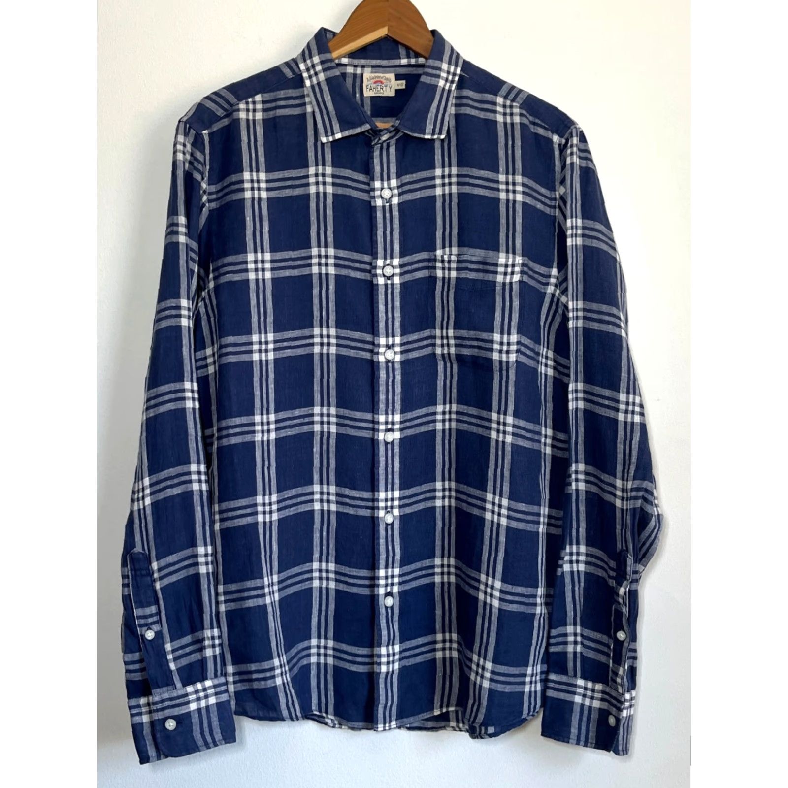 Faherty Faherty Men's Button-Up Linen Shirt Plaid Blue Sz M - Casual, Lightweight, Long Sleeve, Collared, 100% Linen, Regular Fit Size US M / EU 48-50 / 2 - 2 Thumbnail