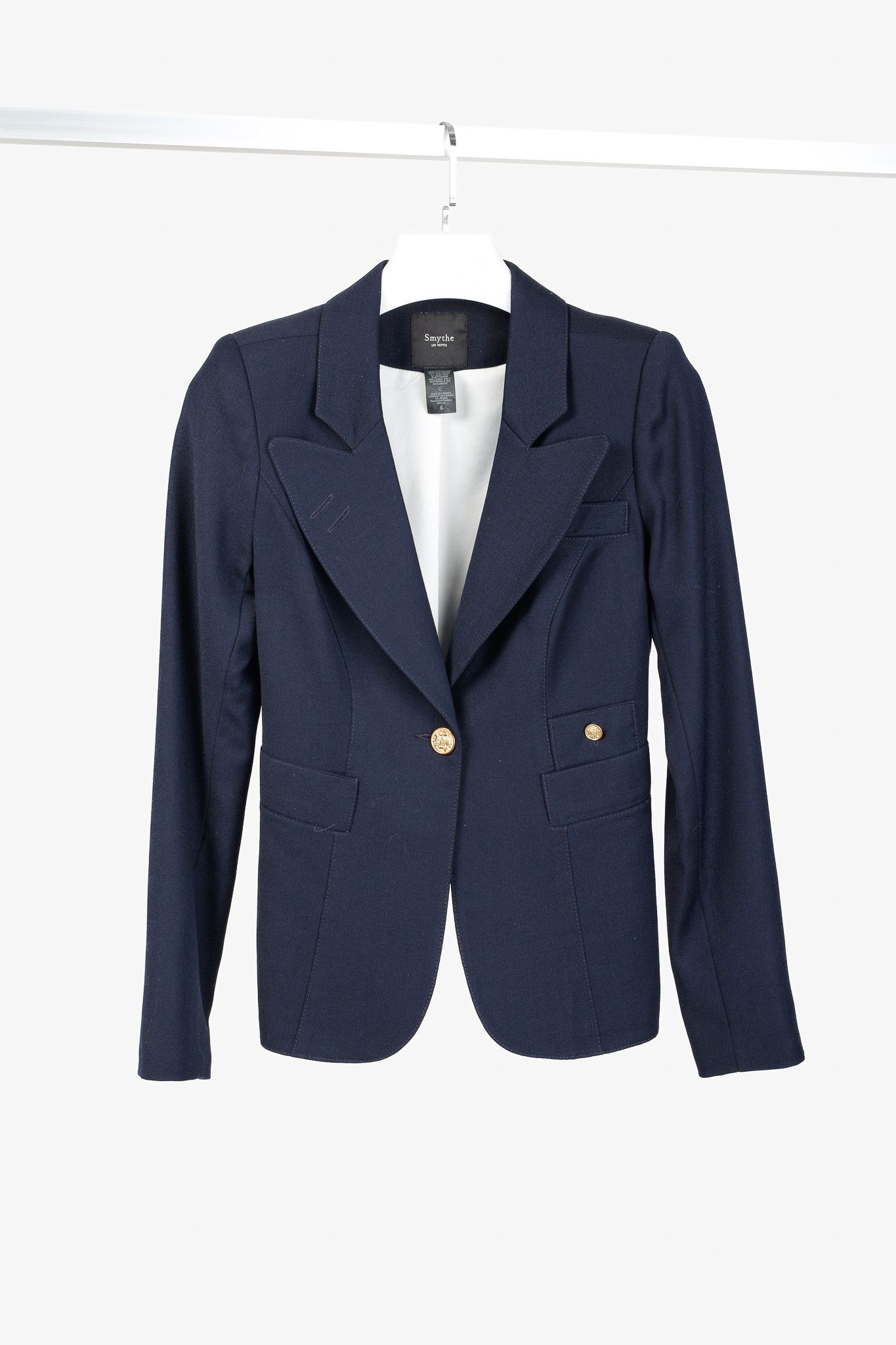 Smythe Navy Wool Gold-Logo-Button Duchess Blazer Jacket