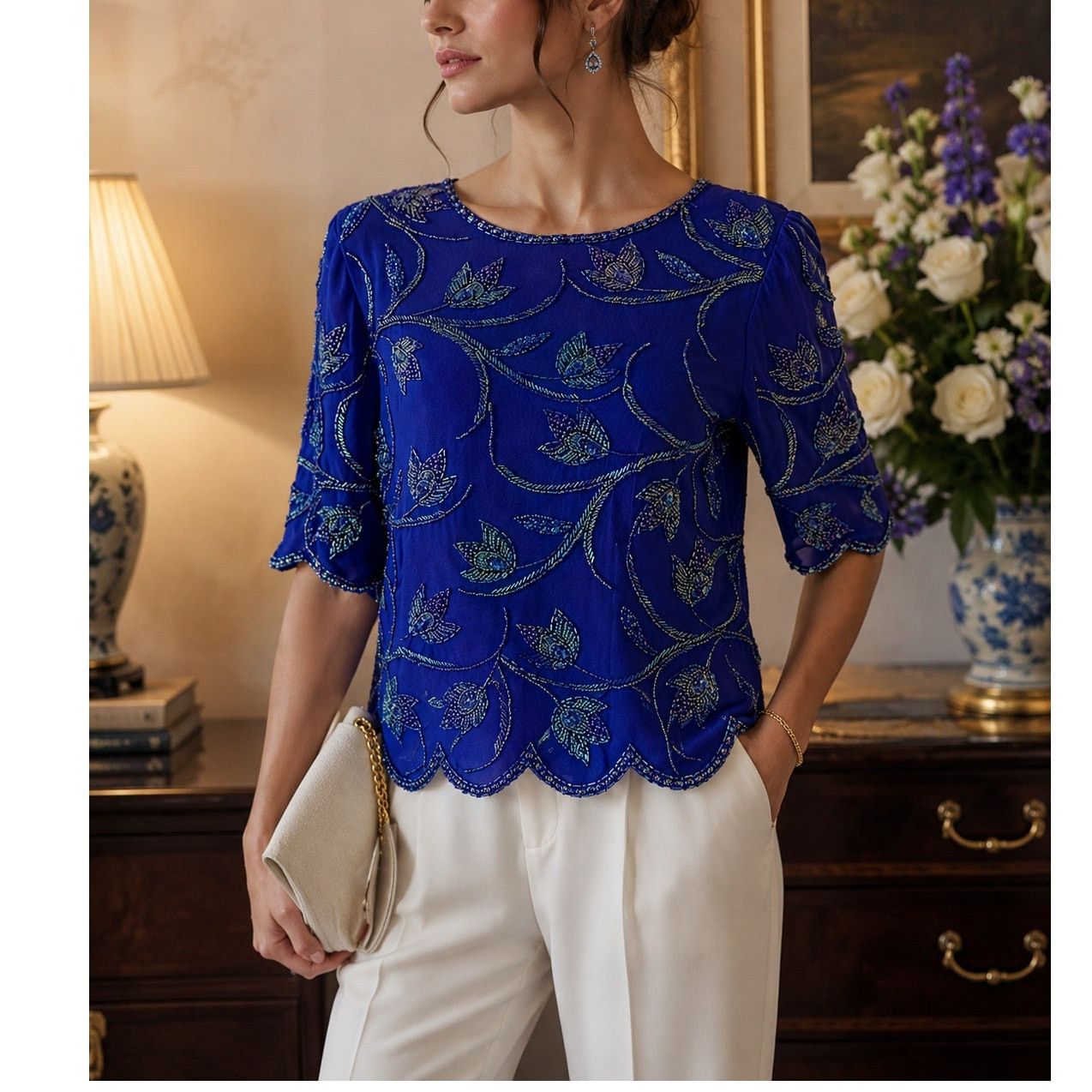 Vintage Vintage 100% silk floral beaded scalloped hem blouse S Size S / US 4 / IT 40 - 1 Thumbnail