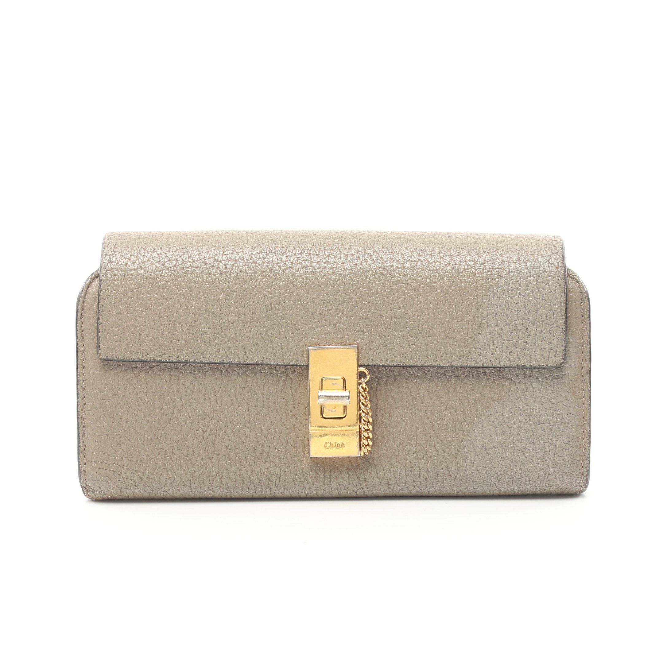 image of Chloe Drew Drew Jewel Lock Bi-Fold Long Wallet Leather Gray Beige, Women's