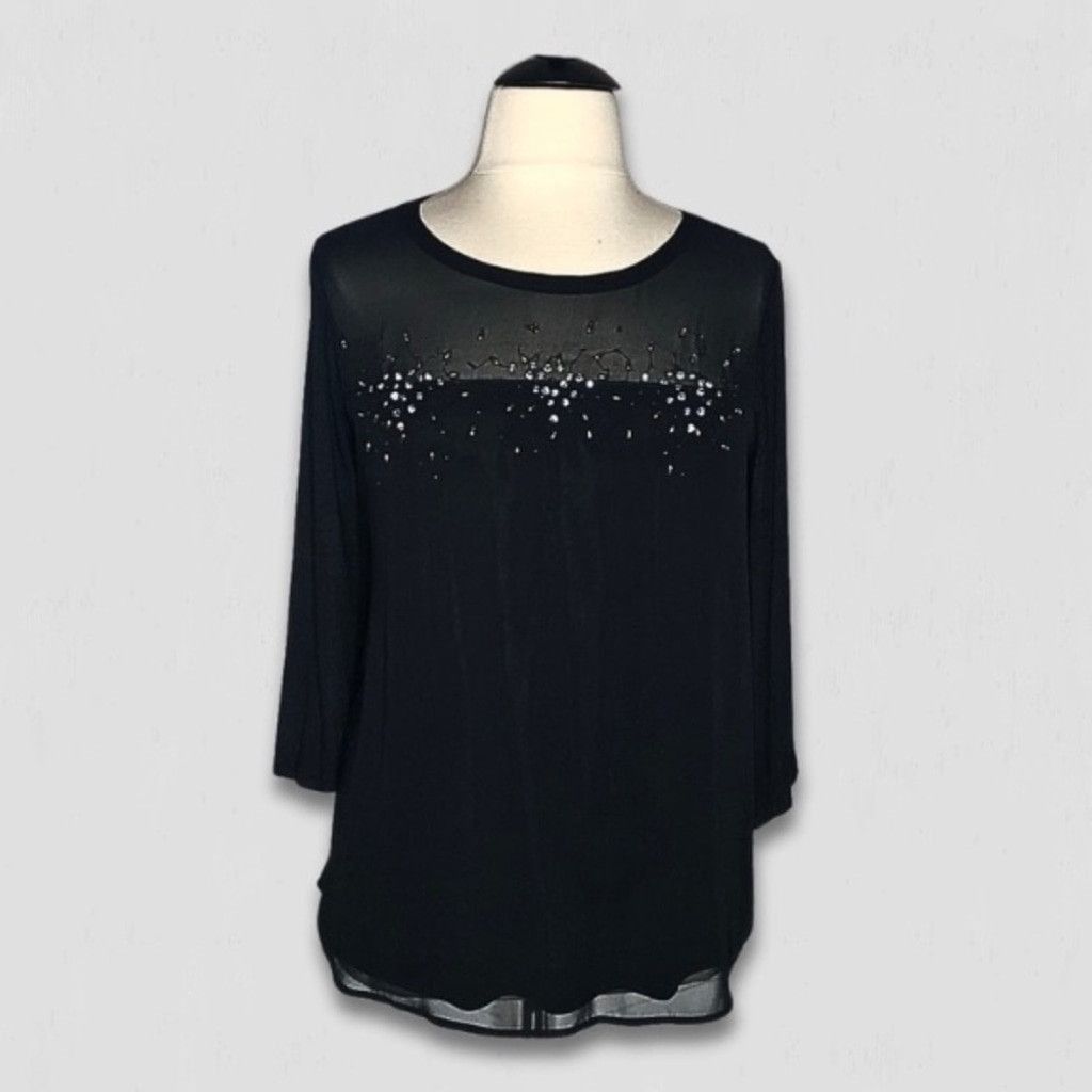 Vintage Blouse Beaded Sequined Neckline Short Sleeves Black US 22/24 Size 3XL / US 20-22 - 1 Thumbnail
