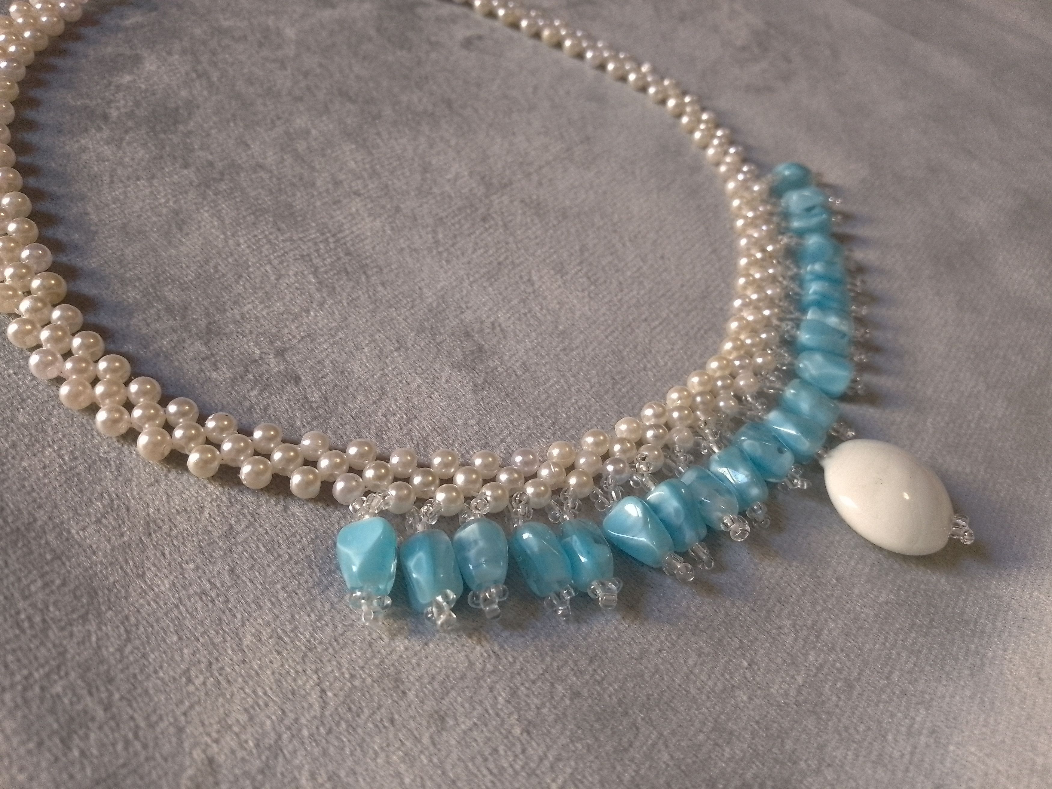 Handmade Pearls necklace with resin blue stones and ceramics Size ONE SIZE - 4 Thumbnail