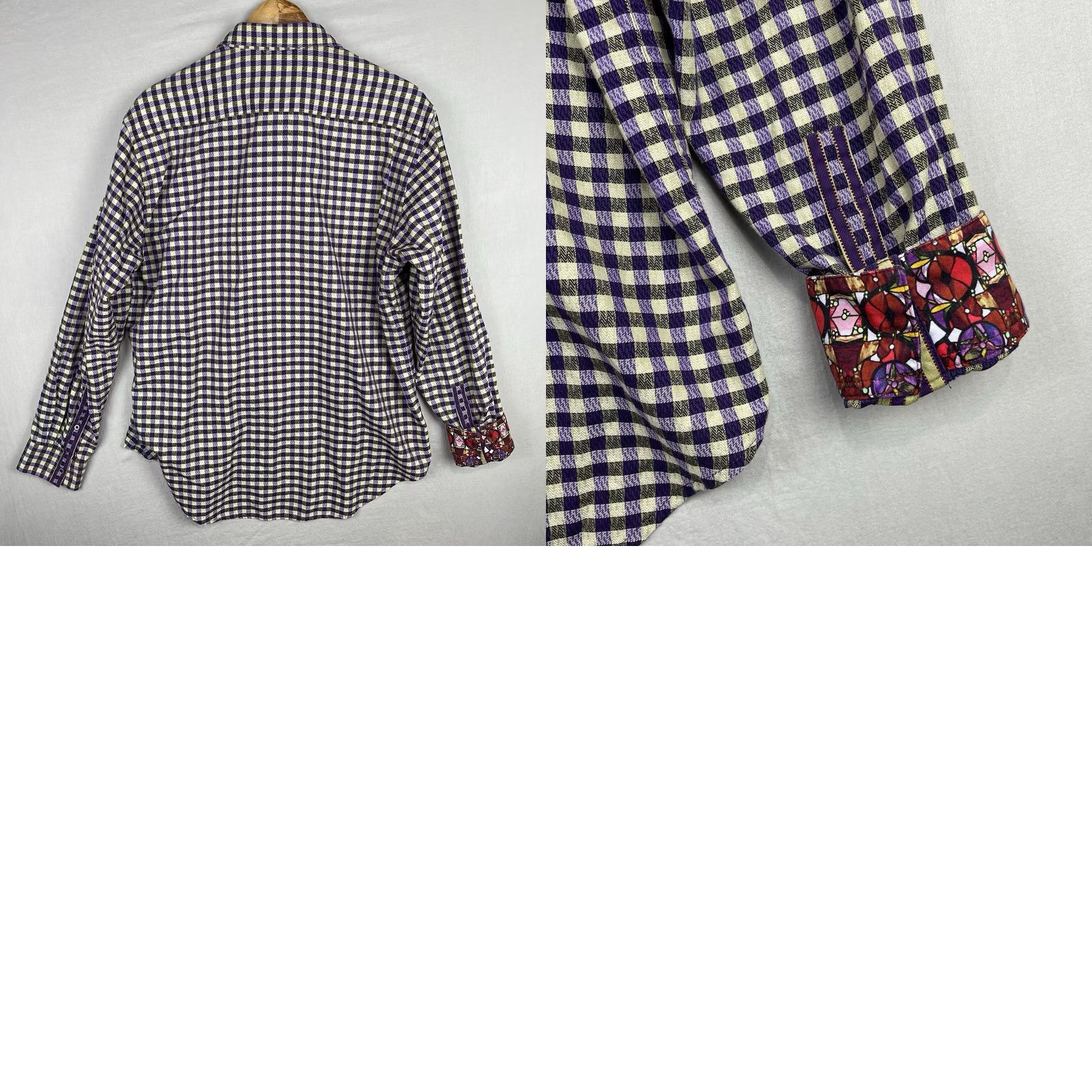 Robert Graham Robert Graham Shirt Mens Large Purple Check Button-Up Fold Flip Cuff Stained Glass Contrast Trim Button Size US L / EU 52-54 / 3 - 9 Thumbnail