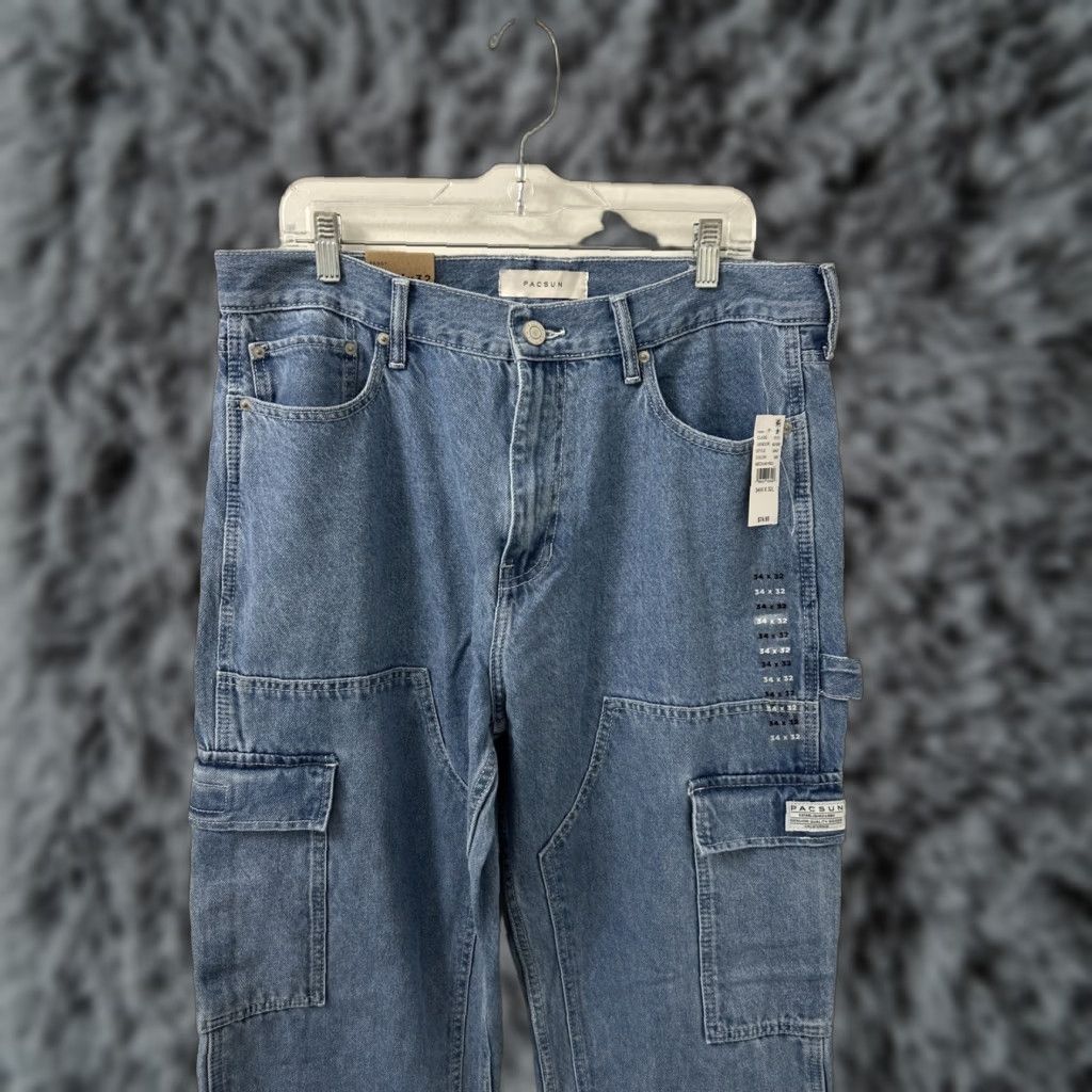 Pacsun VINTAGE PacSun Baggy Jeans Mens 34x32 Blue Cargo Pocket Double Knee NWT 5 MSRP Size US 34 / EU 50 - 1 Thumbnail