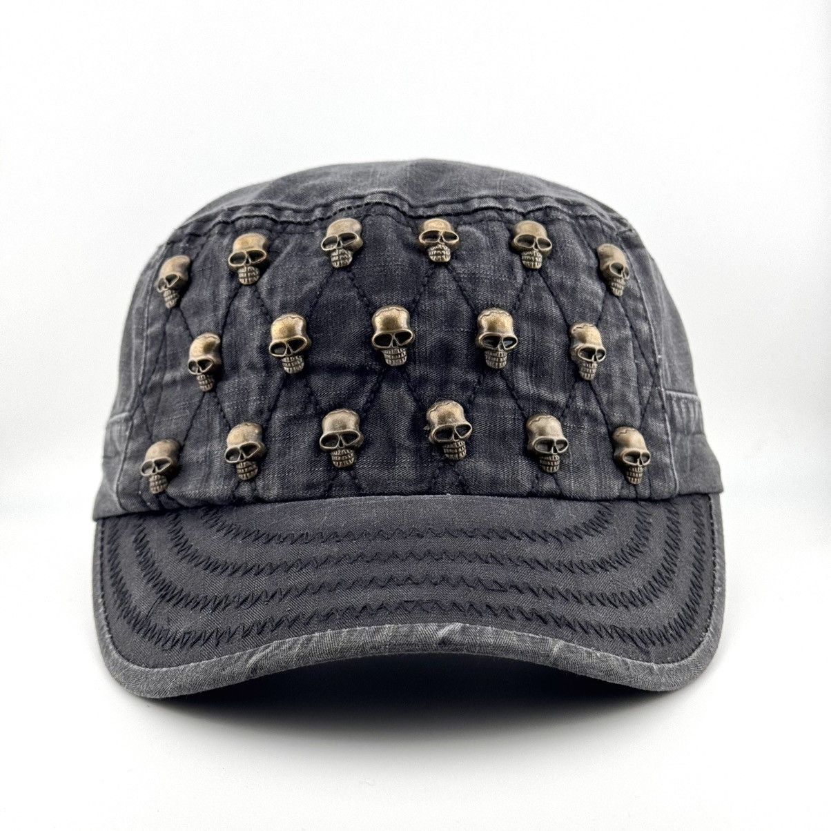 If Six Was Nine Skull Stud Military Punk Rock Gothic Patrol Cap Washed Black Size ONE SIZE - 2 Thumbnail