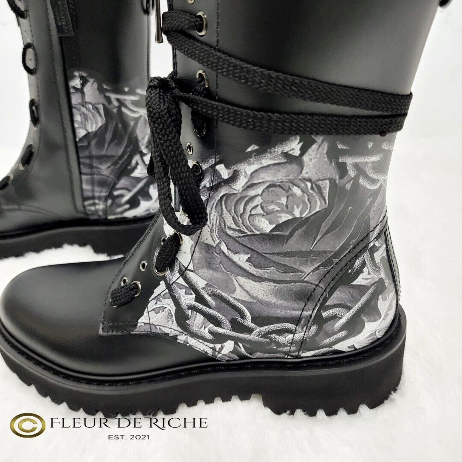 Valentino Valentino x Undercover Black Rose Print Leather Combat Boots Size US 9 / IT 39 - 6 Thumbnail