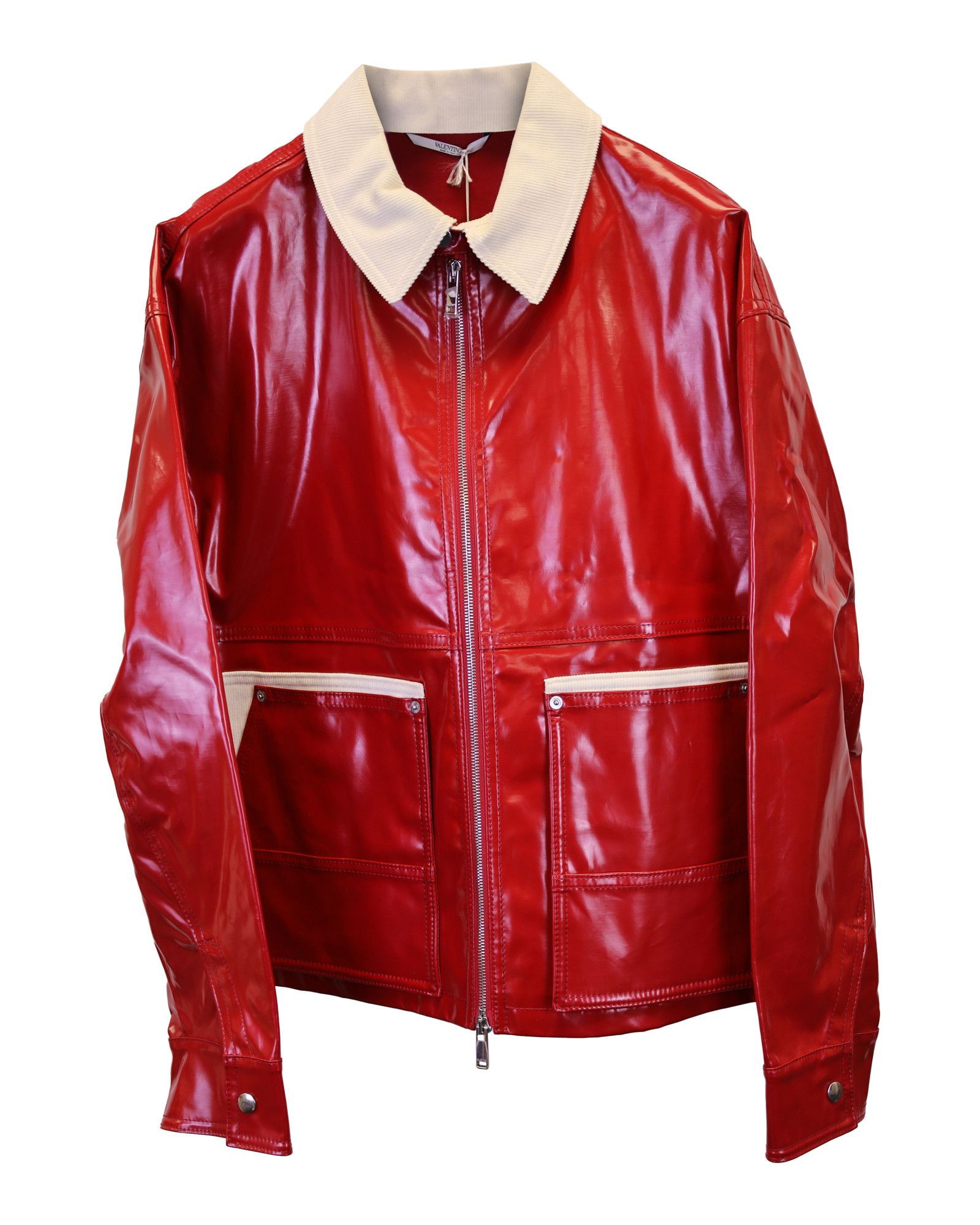Valentino Garavani Zip-Front Coated Jacket in Red Cotton