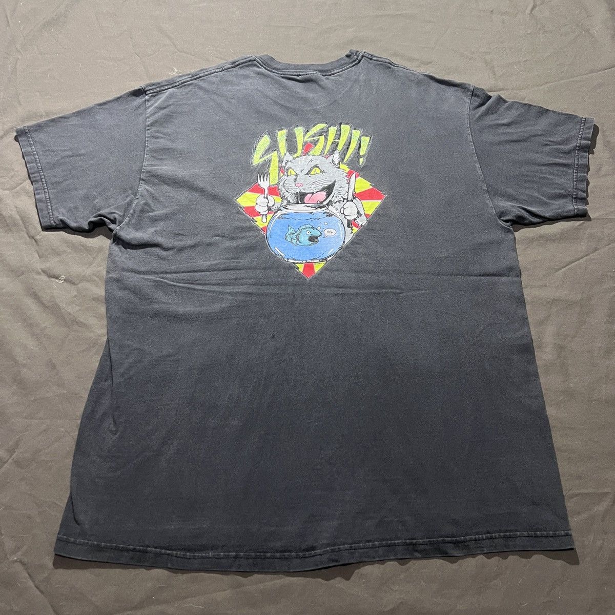 Vintage Vtg 90s SUSHI cat humor funny Tee Faded graphic streetwear Size US XL / EU 56 / 4 - 2 Thumbnail