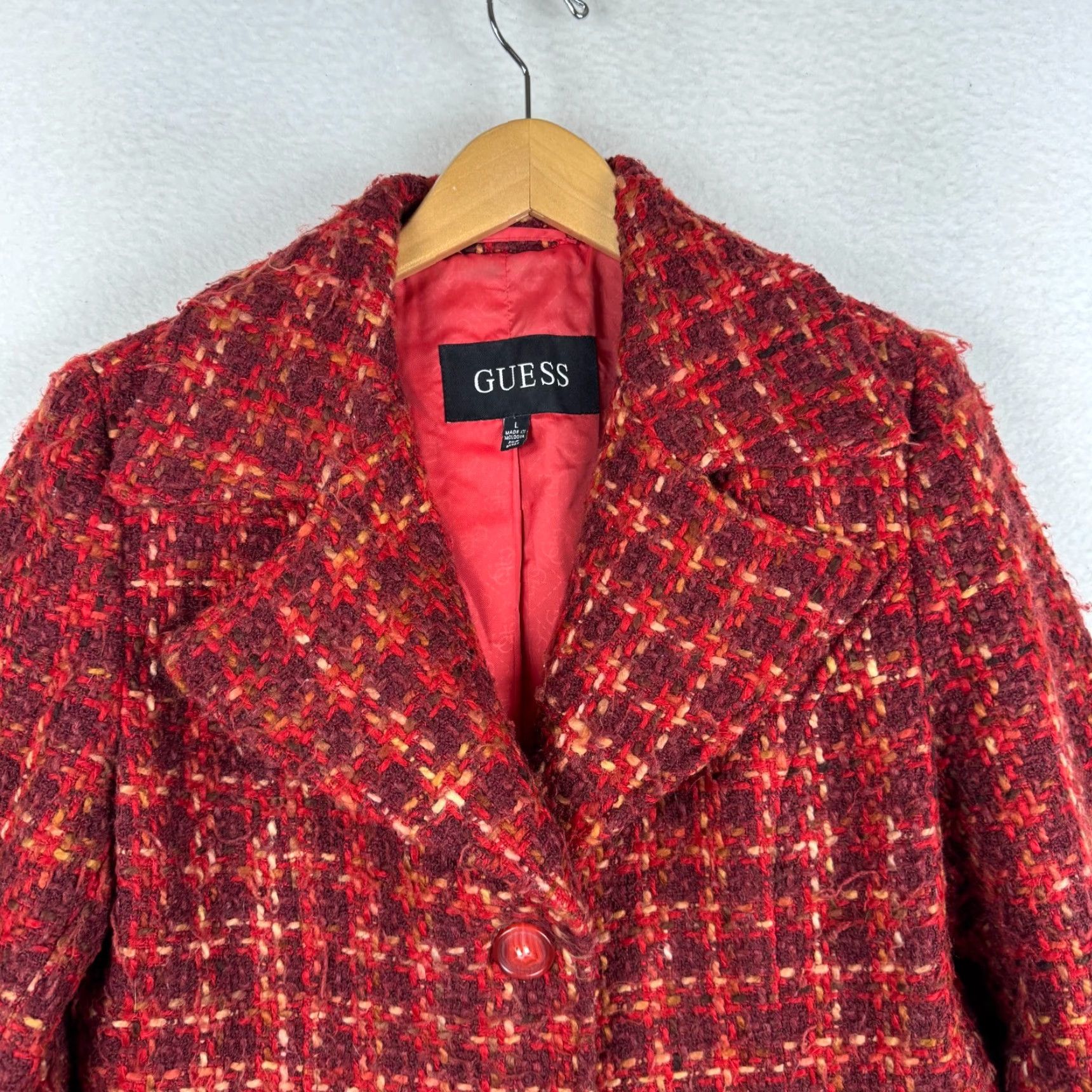 Guess VINTAGE Guess Wool Blend Plaid Overcoat Knit Mid-Length Red 90s Glam Women L Winter Fall Mens Womens Size L / US 10 / IT 46 - 4 Thumbnail