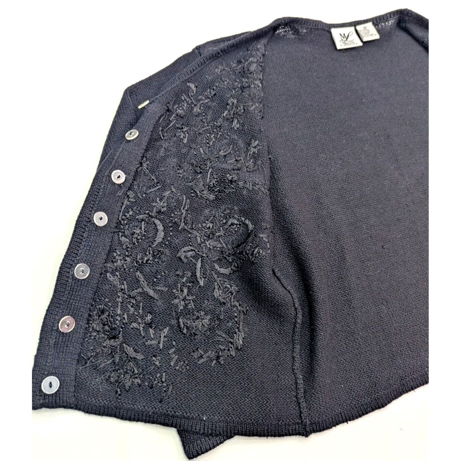 Vintage Maggie Lawrence Cardigan Women M Black Floral Embroidered Bead Accent Cable Knit V-Neck Sweater Shirt/Layering Size M / US 6-8 / IT 42-44 - 6 Thumbnail