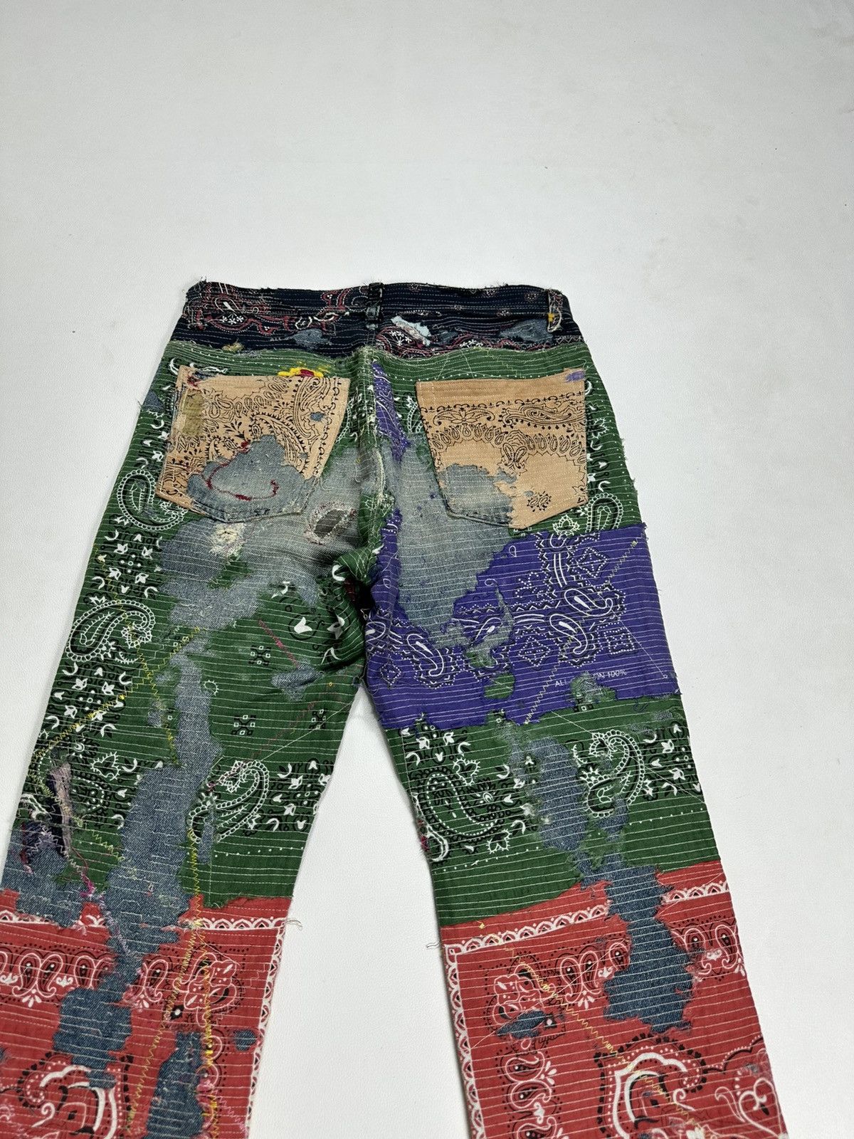 Handmade Custom Made Distressed Paisley Patchwork Boro Jeans pants Size US 30 / EU 46 - 8 Thumbnail