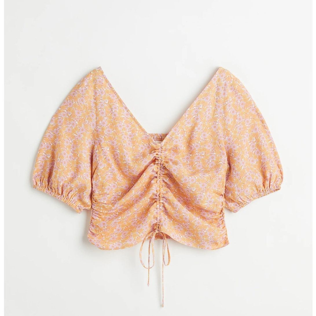 H&M H&M Orange Pink Floral V-Neck Drawstring Blouse Ruched Smock Size US L / EU 52-54 / 3 - 1 Thumbnail