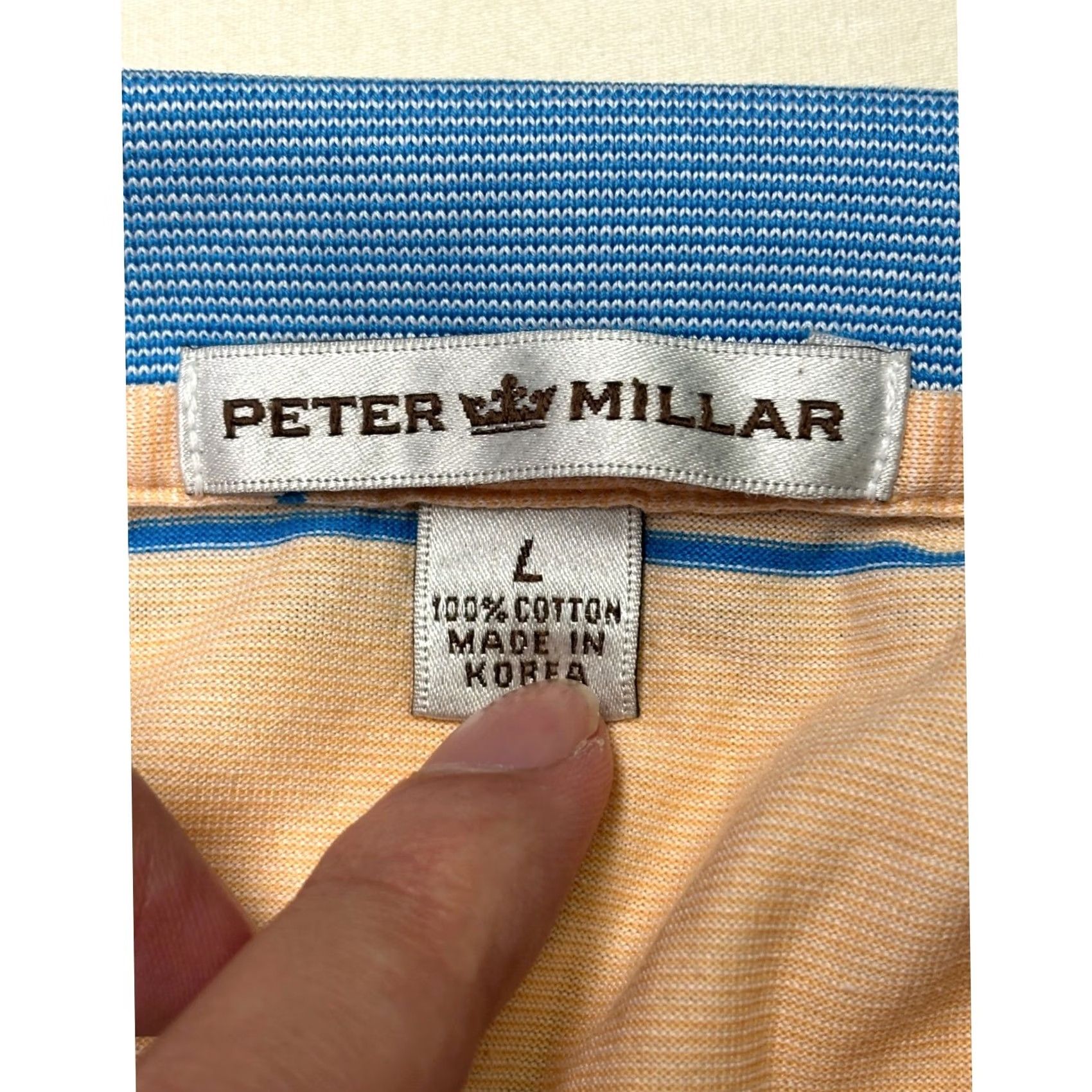 Peter Millar VINTAGE Peter Millar Mens Polo Shirt Large Beige Blue Striped Palm Tree Cotton Golf Size US L / EU 52-54 / 3 - 4 Thumbnail