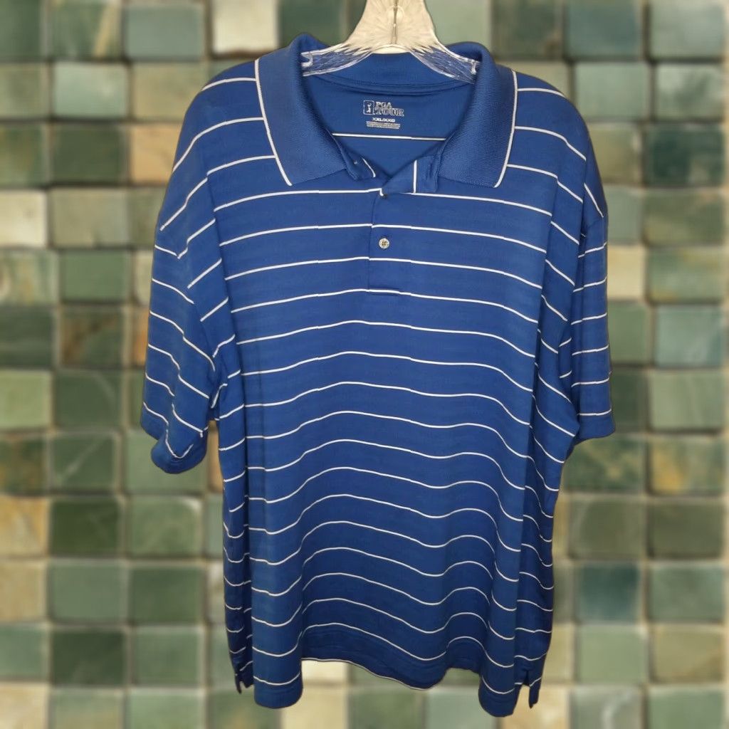 PGA Tour PGA Tour Polo Shirt Mens Short Sleeve Blue Striped 2XL Adult Regular Size Polo Shirt, PGA TOUR, Men Size US XXL / EU 58 / 5 - 1 Thumbnail