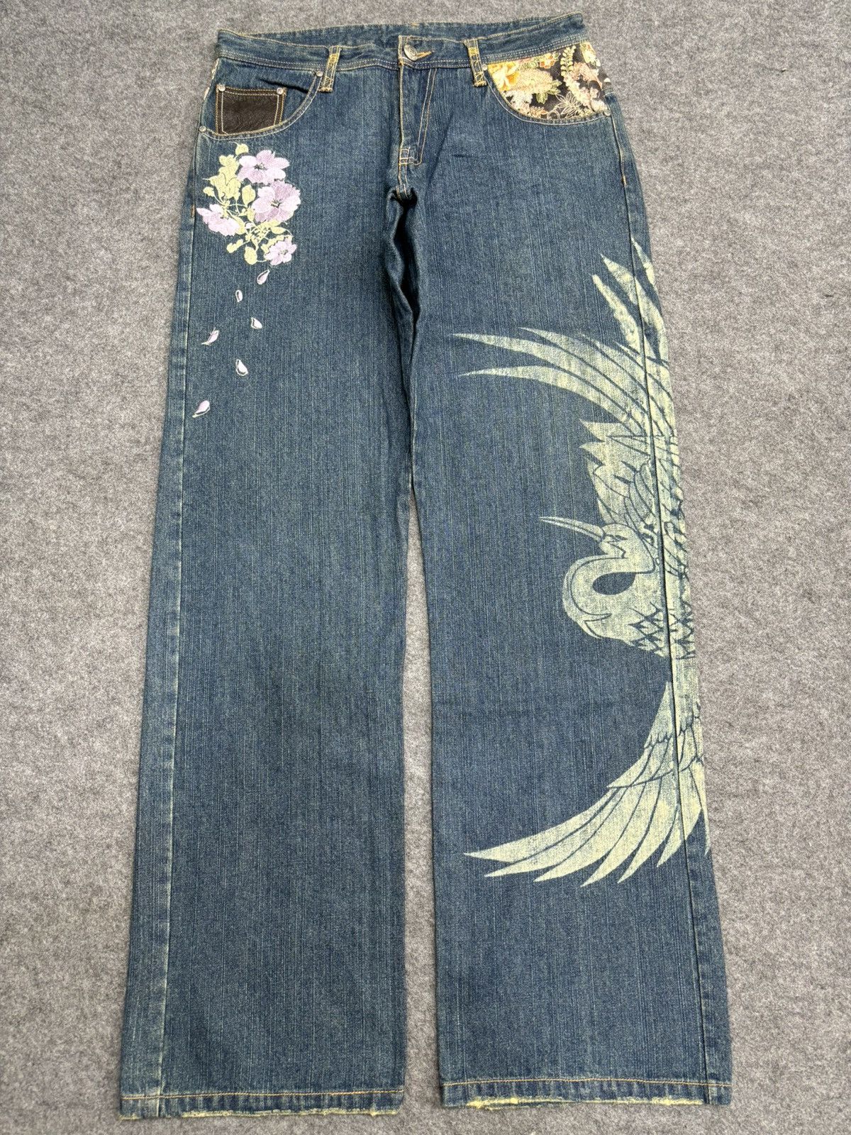 Japanese Brand 💥ART💥Gumu In Floral Embroided Flying Swan Print Denim F557 Size US 34 / EU 50 - 21 Thumbnail