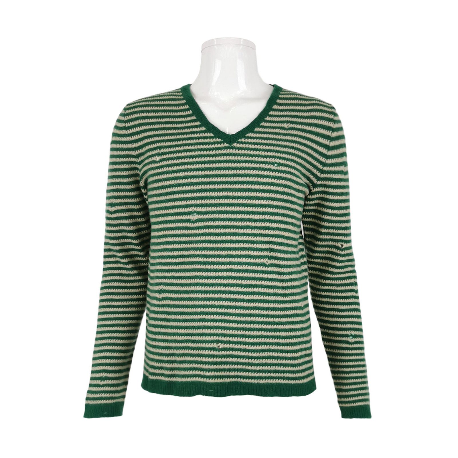 Gucci Gucci Green Striped Wool V-Neck Sweater US S Size US S / EU 44-46 / 1 - 1 Thumbnail