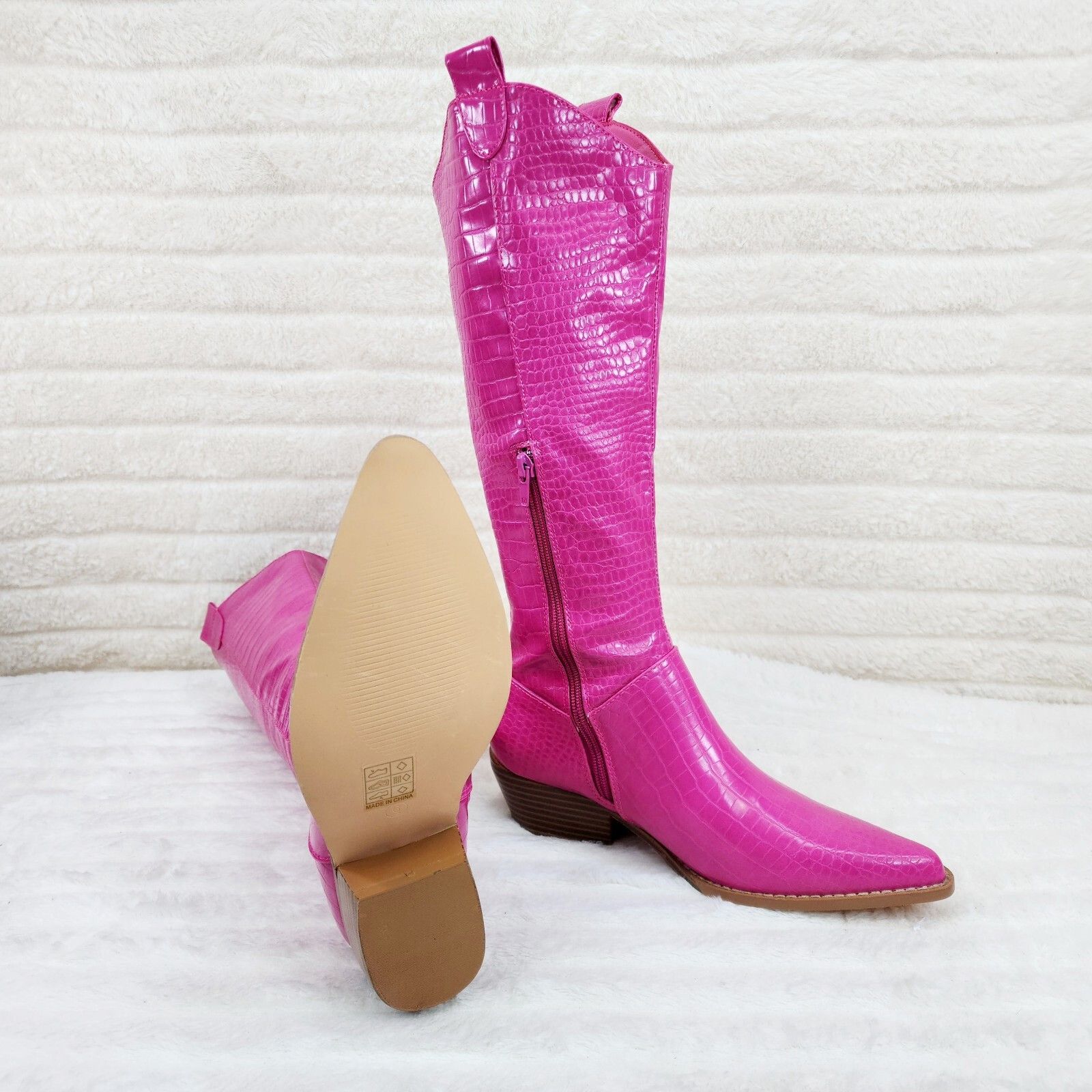 Other Sassy Fuchsia Hot Pink Snake Texture Western Knee High 2" He Size US 11 / IT 41 - 6 Thumbnail