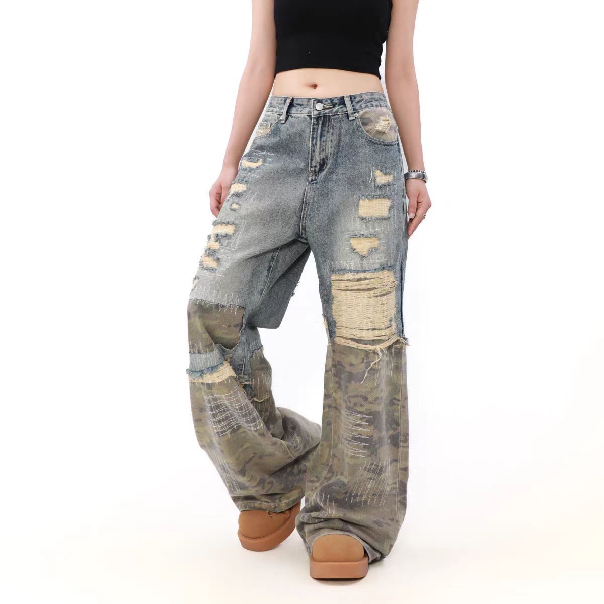 Japanese Brand × Jean Vintage patchwork camouflage ripped straight leg jeans Size US 30 / EU 46 - 2 Thumbnail