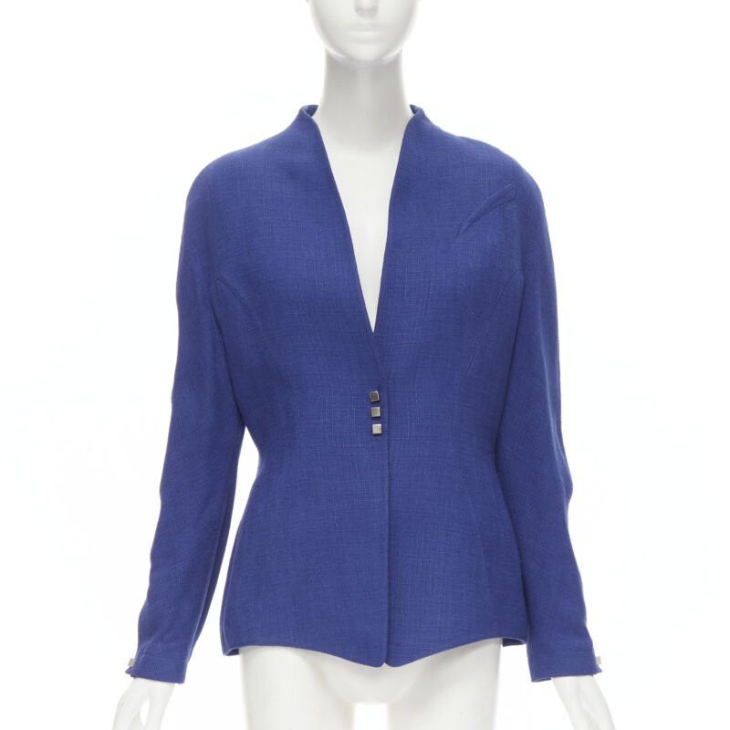 THIERRY MUGLER Vintage blue viscose futuristic curved seams peplum jacket FR42 L