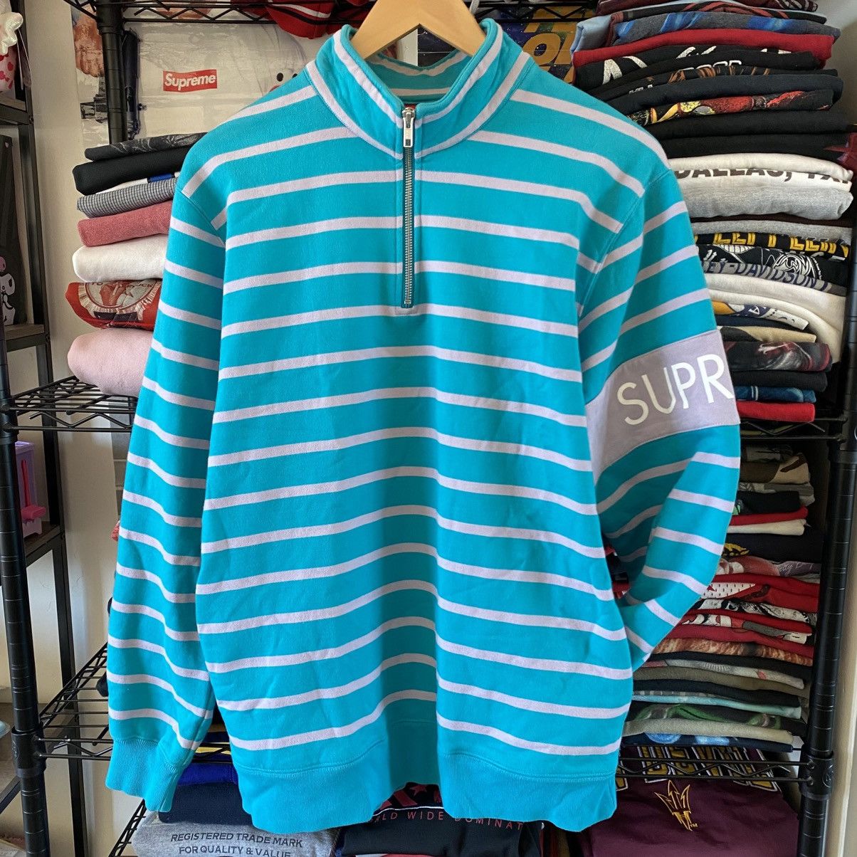 Supreme Supreme Striped Half Zip Sweatshirt Teal Purple 2016 Size US L / EU 52-54 / 3 - 4 Thumbnail