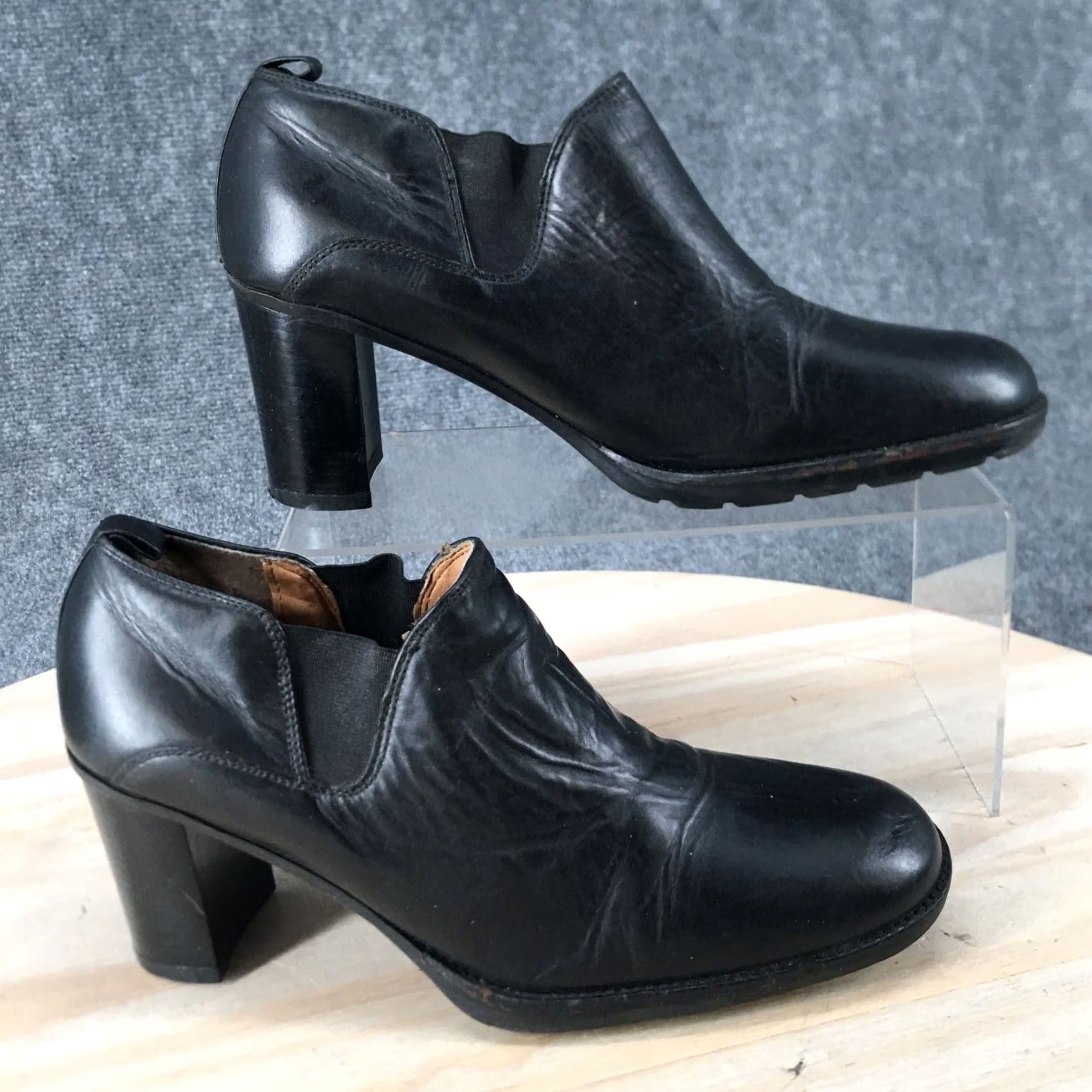 Vintage Bass Heels Womens 7.5 Luna Park Pumps Block Black Leather Round Toe Casual Shoes Size M / US 6-8 / IT 42-44 - 2 Thumbnail