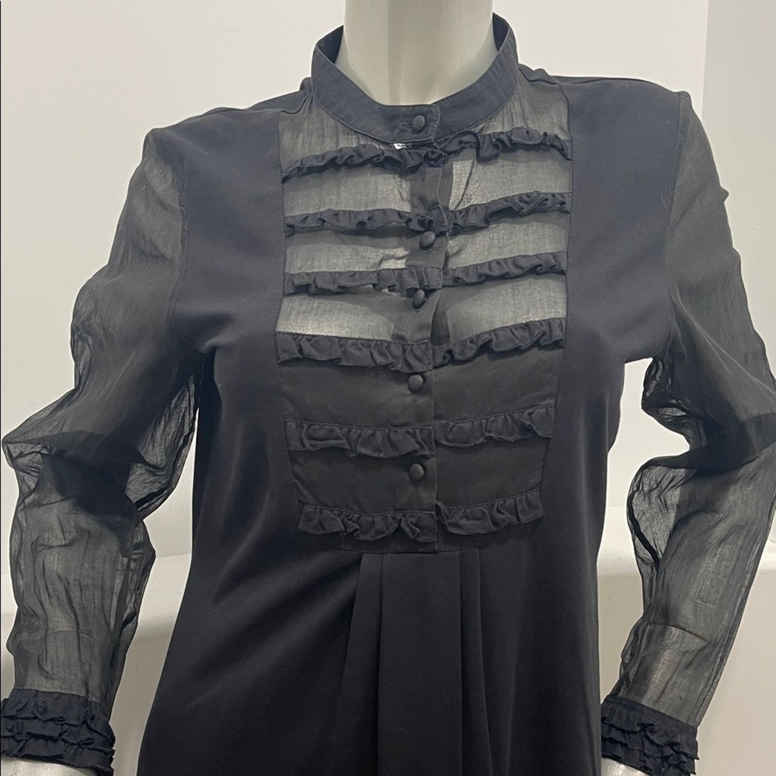 ANNE FONTAINE Anne Fontaine Black Ruffle Bib Long-Sleeve Dress Size FR 44 Size L / US 10 / IT 46 - 5 Thumbnail