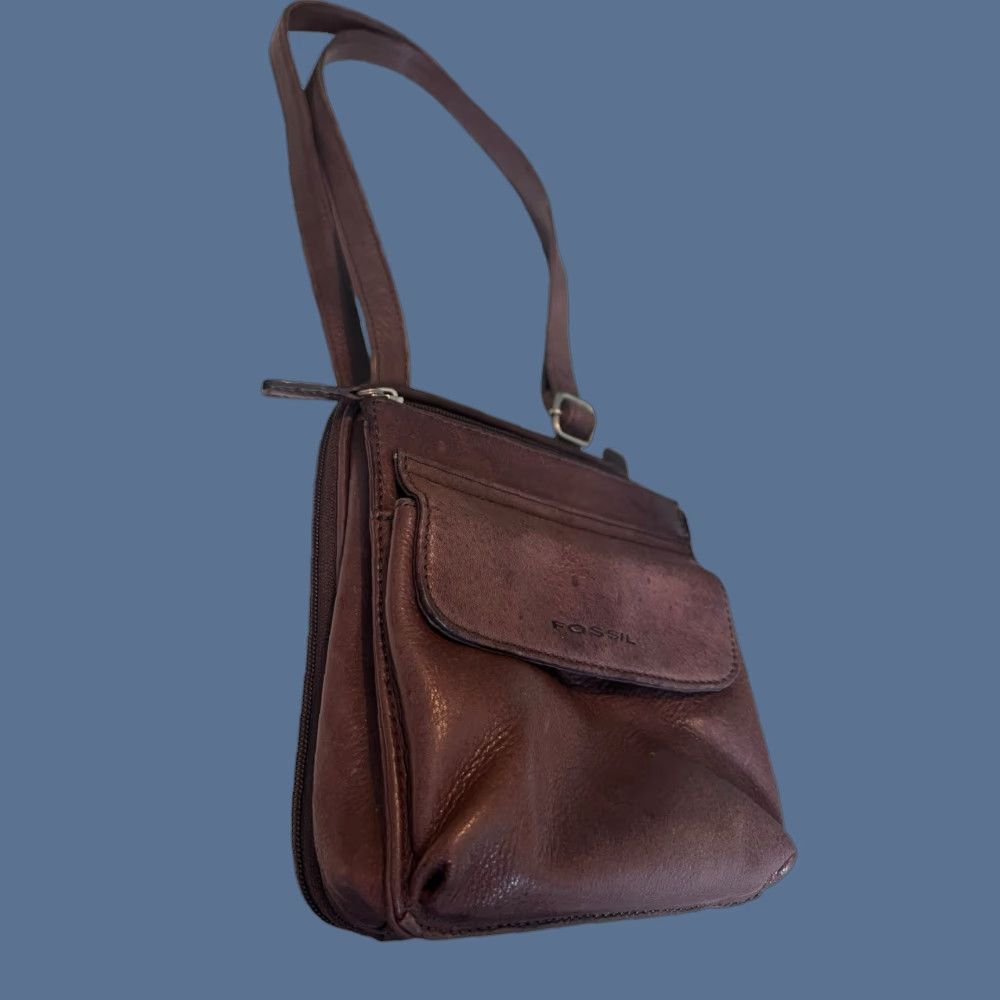 VINTAGE Fossil Crossbody Organizer Handbag Brown Leather Shoulder Purse
