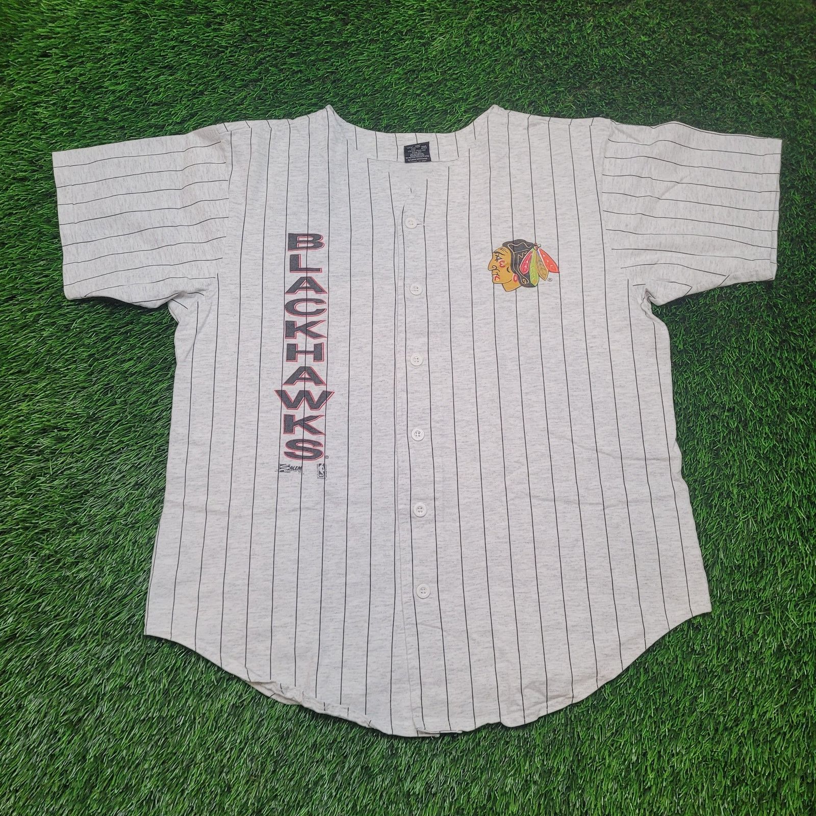 Salem Sportswear VTG 90s Chicago Blackhawks Pinstripe Button Up Jersey Tee L Size US L / EU 52-54 / 3 - 1 Thumbnail