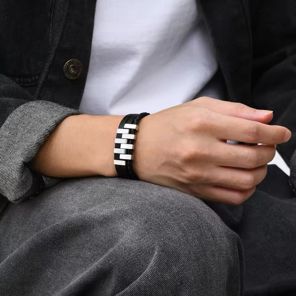Jewelry × Leather Leather Stylish Stainless Steel 3 Layer Black Bracelets Size ONE SIZE - 2 Thumbnail