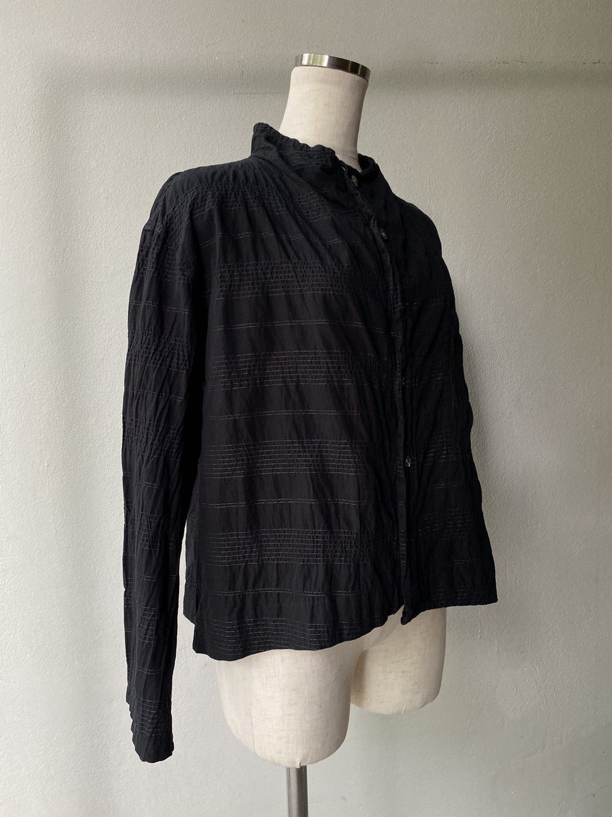 Issey Miyake Plantation Black Ruched Long-Sleeve Blouse Size M / US 6-8 / IT 42-44 - 16 Thumbnail
