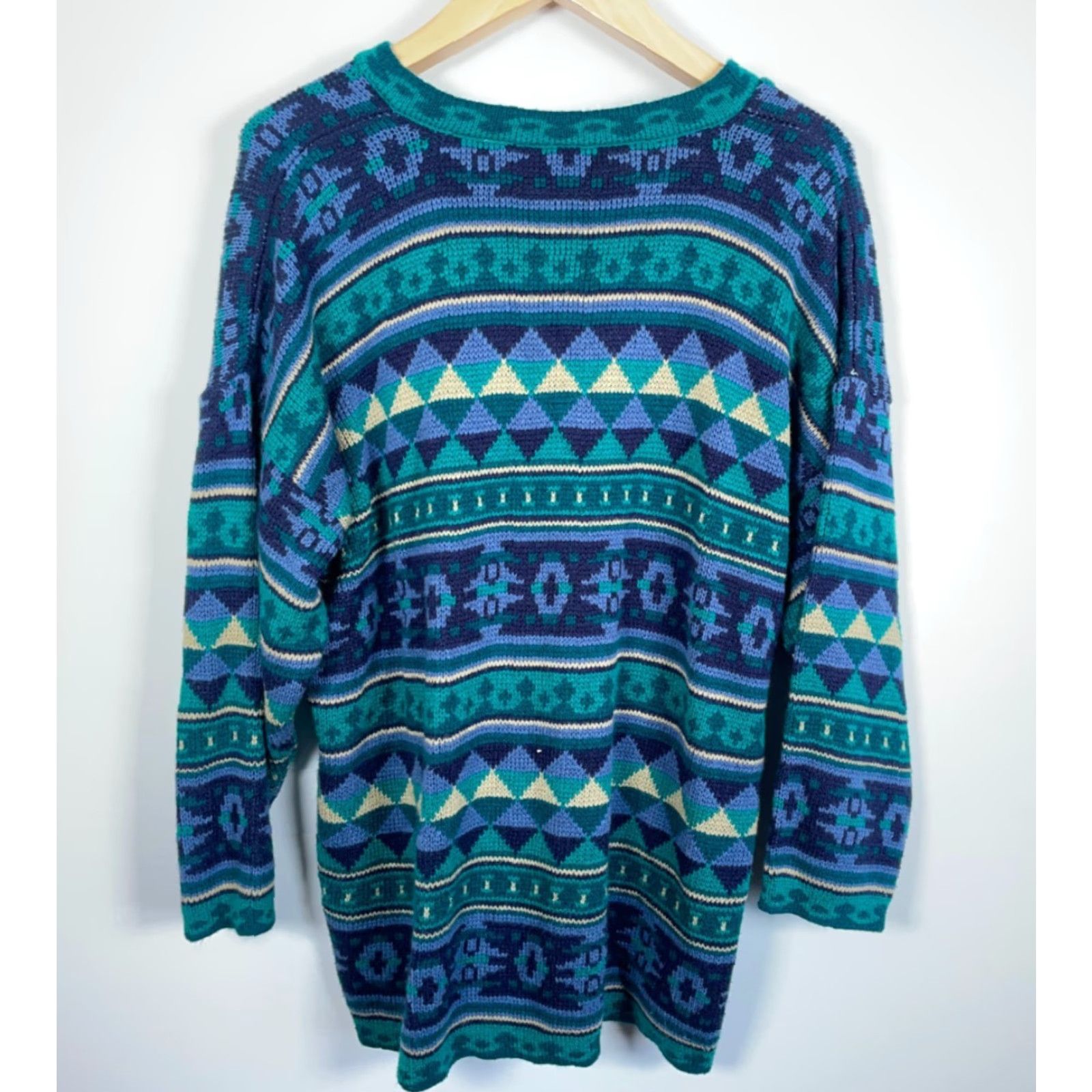 Vintage VINTAGE Stefano International Sweater Geometric 90s Aztec Pullover V-Neck Green Blue One Size Womens Size ONE SIZE - 2 Thumbnail