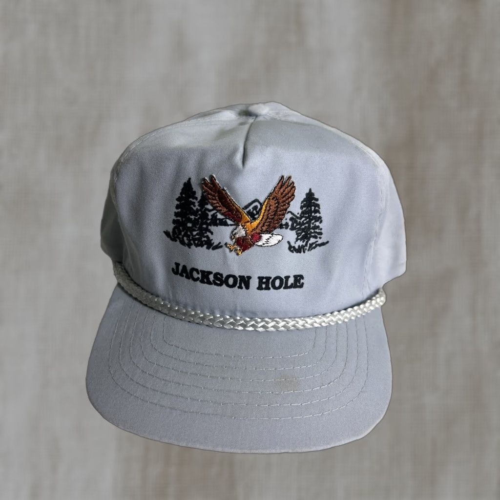 Vintage Jackson Hole Wyoming Strap Back Trucker Hat Gray Eagle Woods Mountains Adjust Size ONE SIZE - 1 Thumbnail