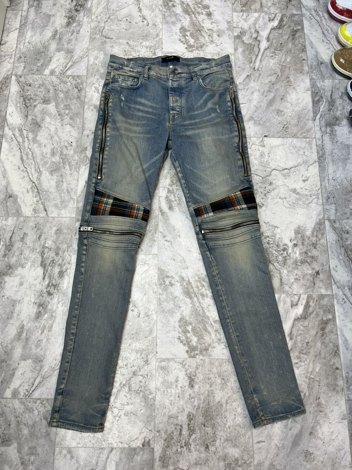 Amiri Plaid Jeans in Clay Indigo/ Orange Color Wave