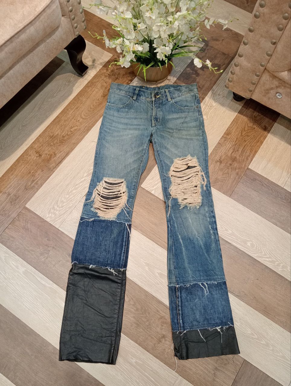 BUFFALO BOBS BUFFALO JEANS JAPAN HAGI MIX LEATHER FLARED DENIM PANTS Size US 30 / EU 46 - 1 Thumbnail
