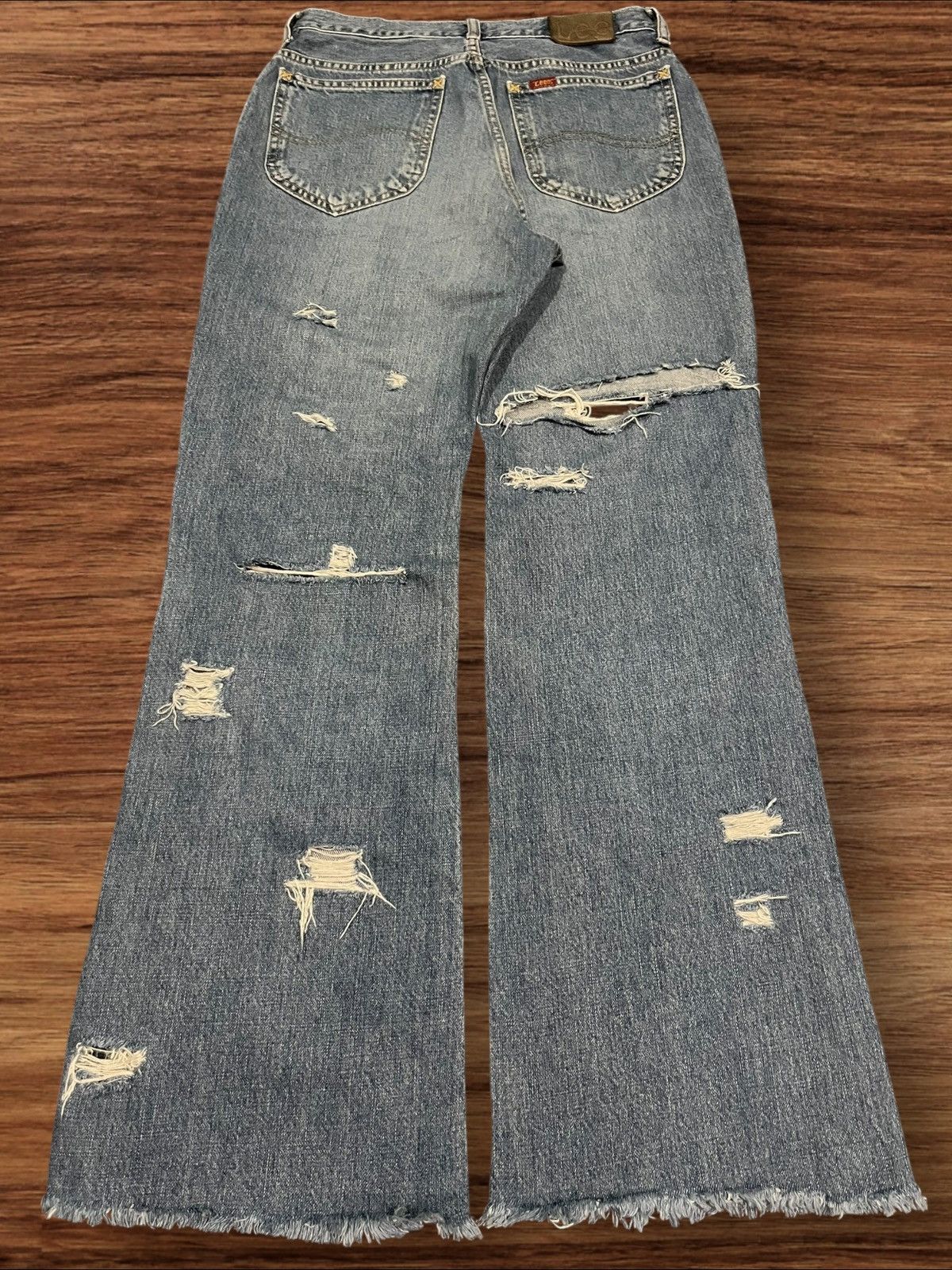 Lee × Vintage Vintage Miss Lee Trashed Punk Style Blue Washed Flare Jeans Size 31" - 2 Thumbnail