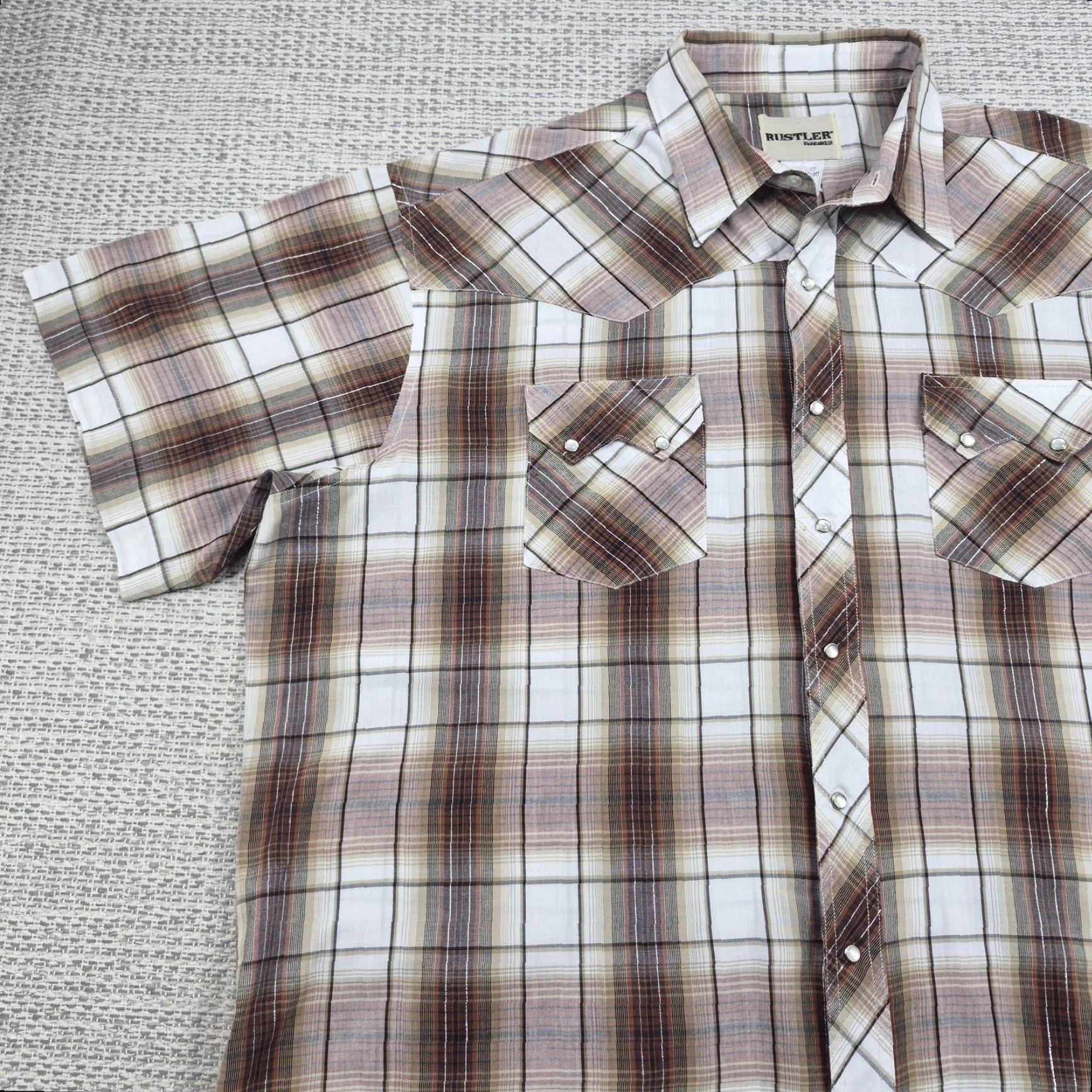 Vintage VTG Rustler Pearl Snap Shirt Mens 2XL Brown Plaid Short Sleeve Western Cowboy Shirt Size US XXL / EU 58 / 5 - 3 Thumbnail