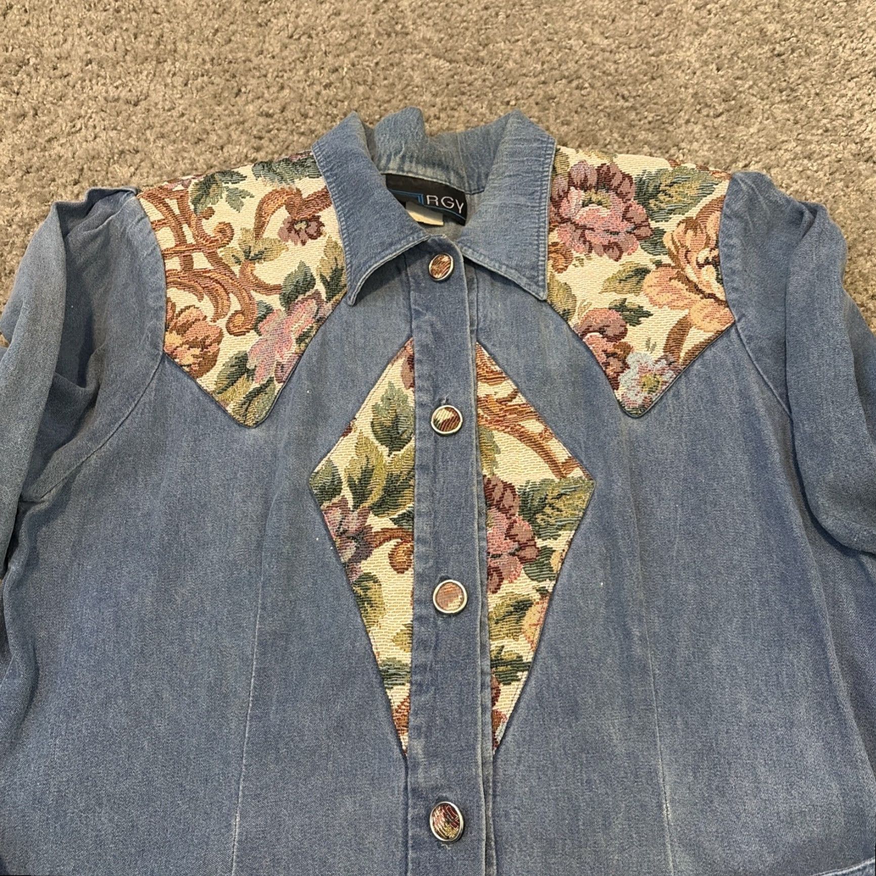 Denime VINTAGE RGY Denim Shirt Dress Long Sleeve Floral Panels Blue 10 Buttons Womens Regular Long Shirt Dress Size L / US 10 / IT 46 - 5 Thumbnail
