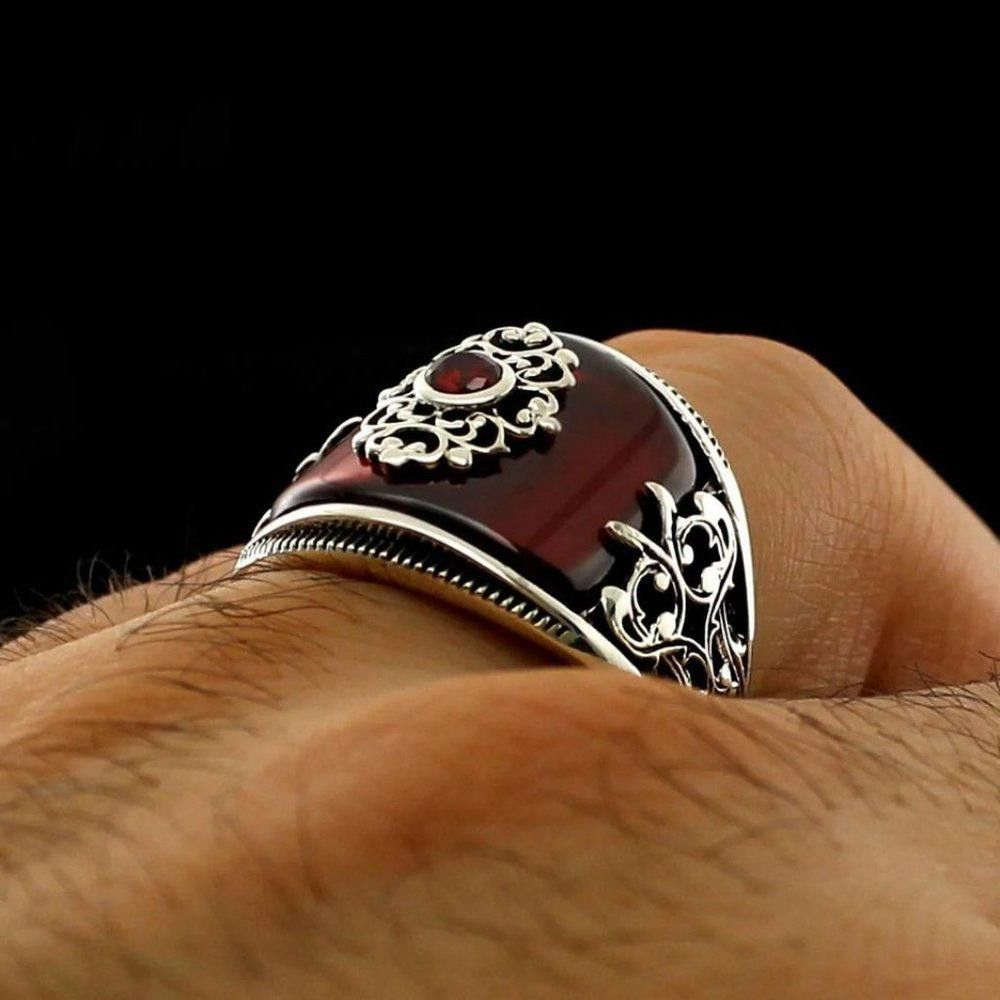 Designer Men's Handmade Red Agate Stone Silver Ring - Size 9 Size ONE SIZE - 6 Thumbnail