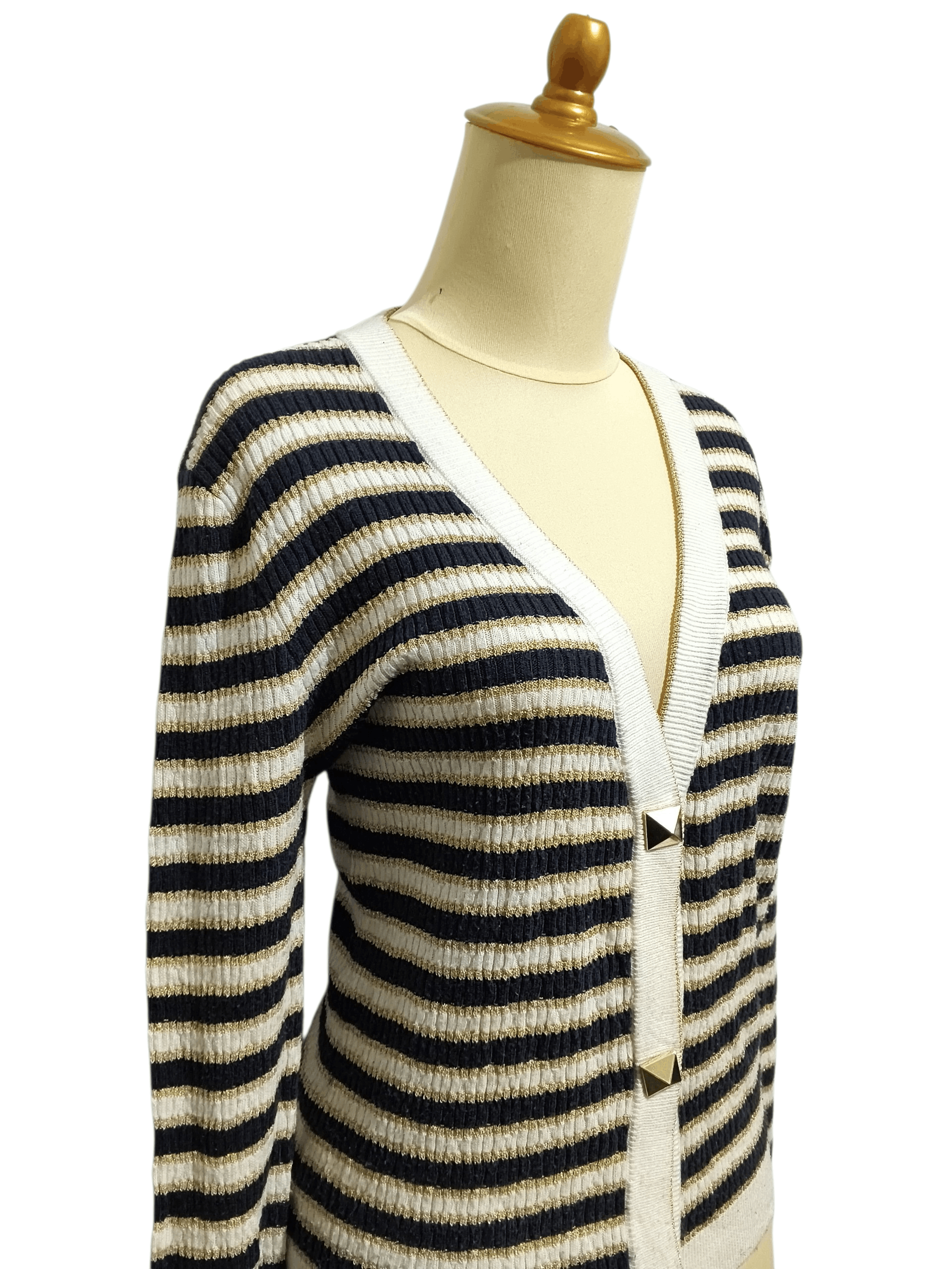 Valentino 🔥Valentino Navy,Cream & Gold Lurex Striped Cropped Cardigan Size M / US 6-8 / IT 42-44 - 4 Thumbnail