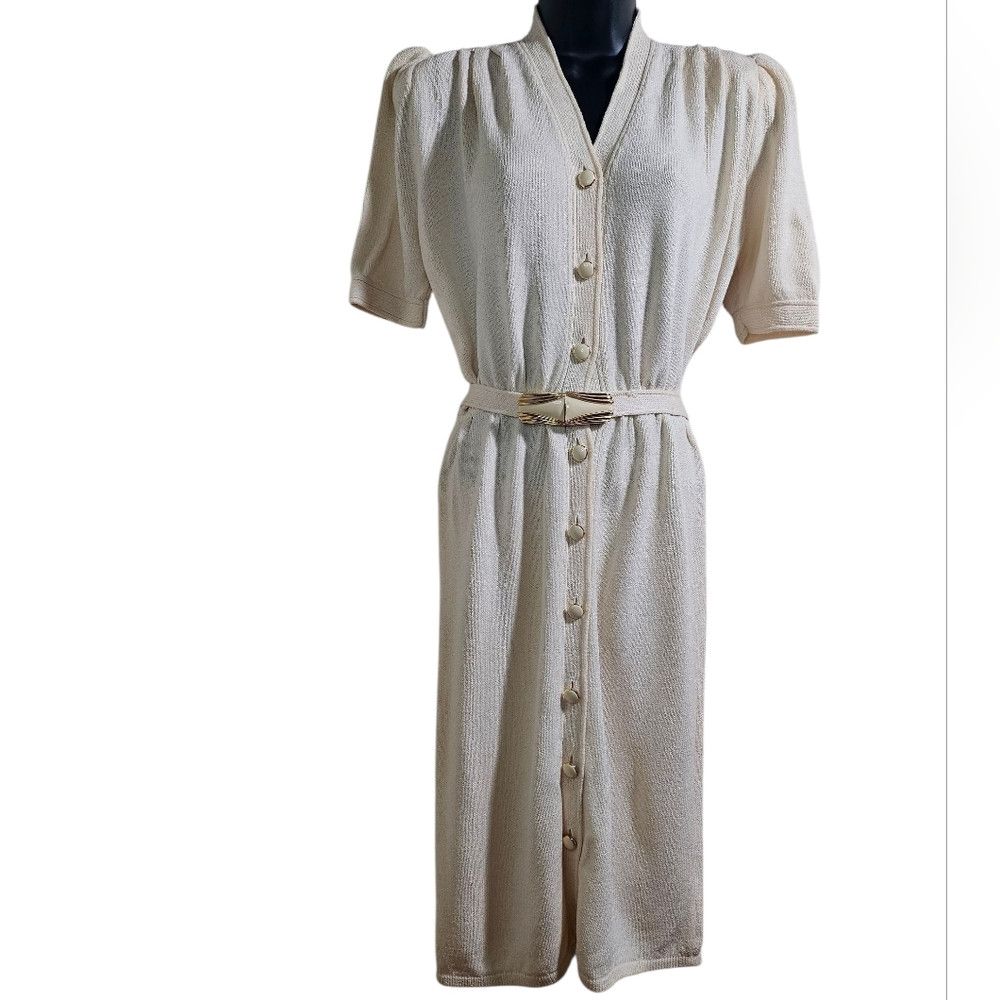 Vintage 1960s St. John Cream Sweater Knit Dress W Belt 6