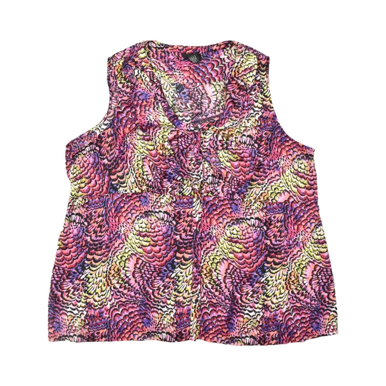 Vintage Lane Bryant Blouse Shirt Women Plus 28 Pink Purple Abstract Shell Top Sleeveless V-Neck Ruffle Polyester Spring Summer Casual White? Size 4XL / US 24-26 - 2 Thumbnail