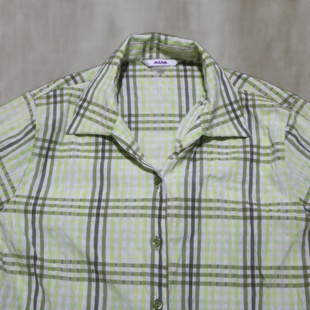 Vintage Ladies ALIA Yellow Plaid Short Sleeve Shirt Women 10 Casual Button-Up Check 90s? Size L / US 10 / IT 46 - 1 Thumbnail
