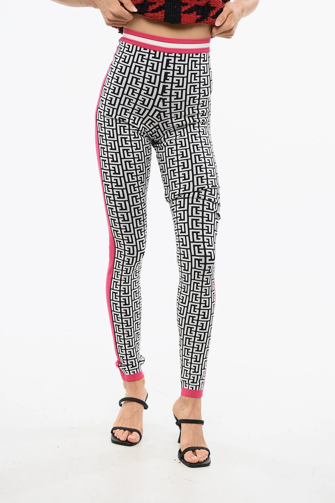Balmain og1mm0326 Monogram Pattern Knit Leggings in White & Black Size 26" / US 2 / IT 38 - 1 Thumbnail