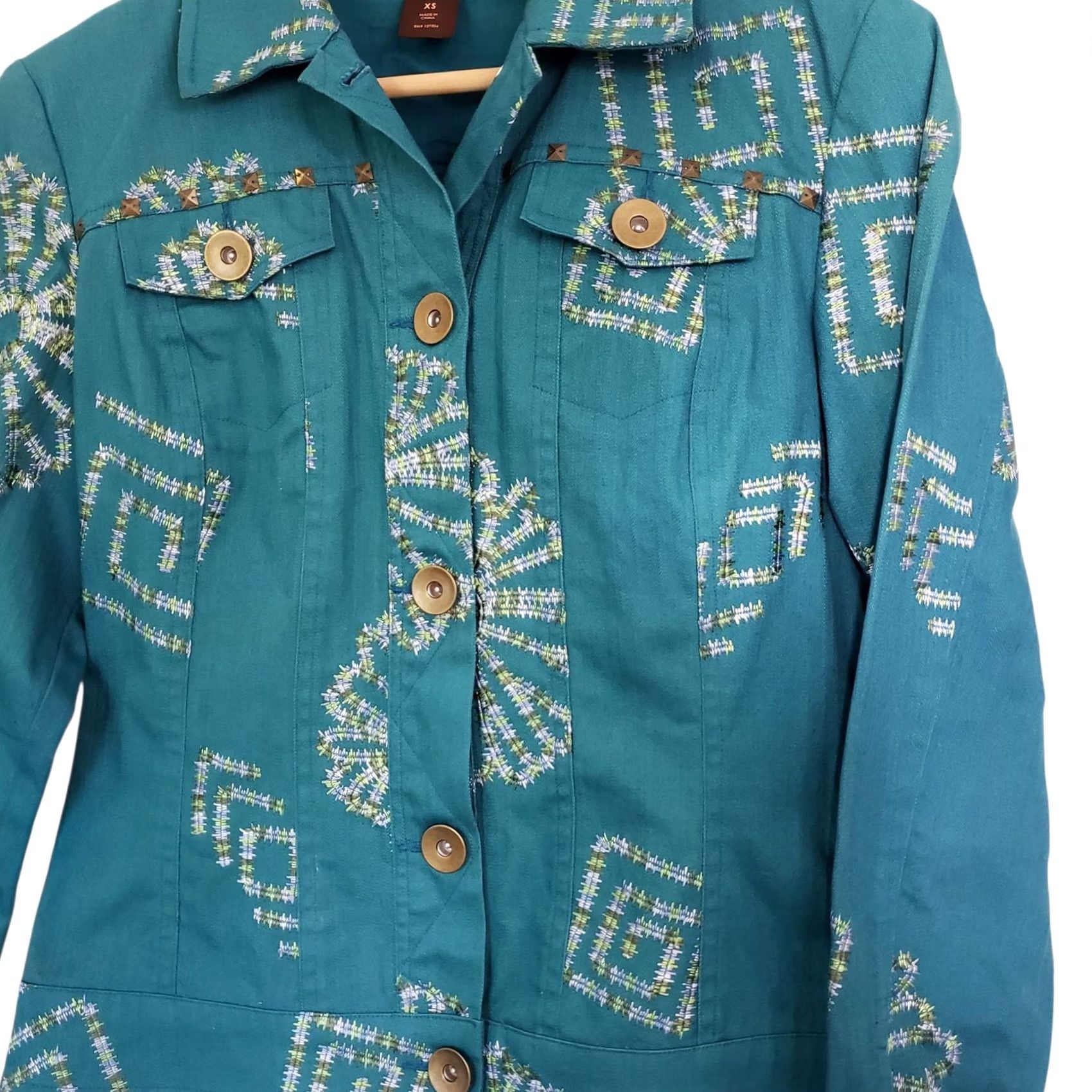 Vintage Multiples Embroidered Denim Jacket XS Turquoise Blue Size XS / US 0-2 / IT 36-38 - 3 Thumbnail