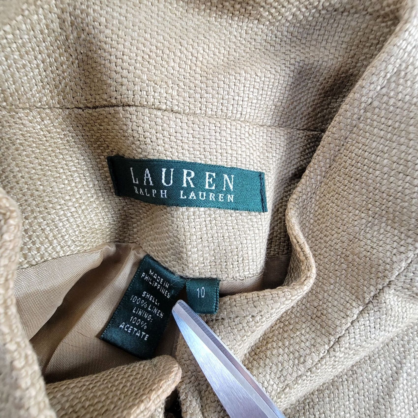 Ralph Lauren VINTAGE Lauren Ralph Lauren Blazer Shirt 10 Khaki Tan 90s Preppy Women’s Vintage 100% Linen Button Front Long Sleeve Mid-Length Lined Size L / US 10 / IT 46 - 3 Thumbnail