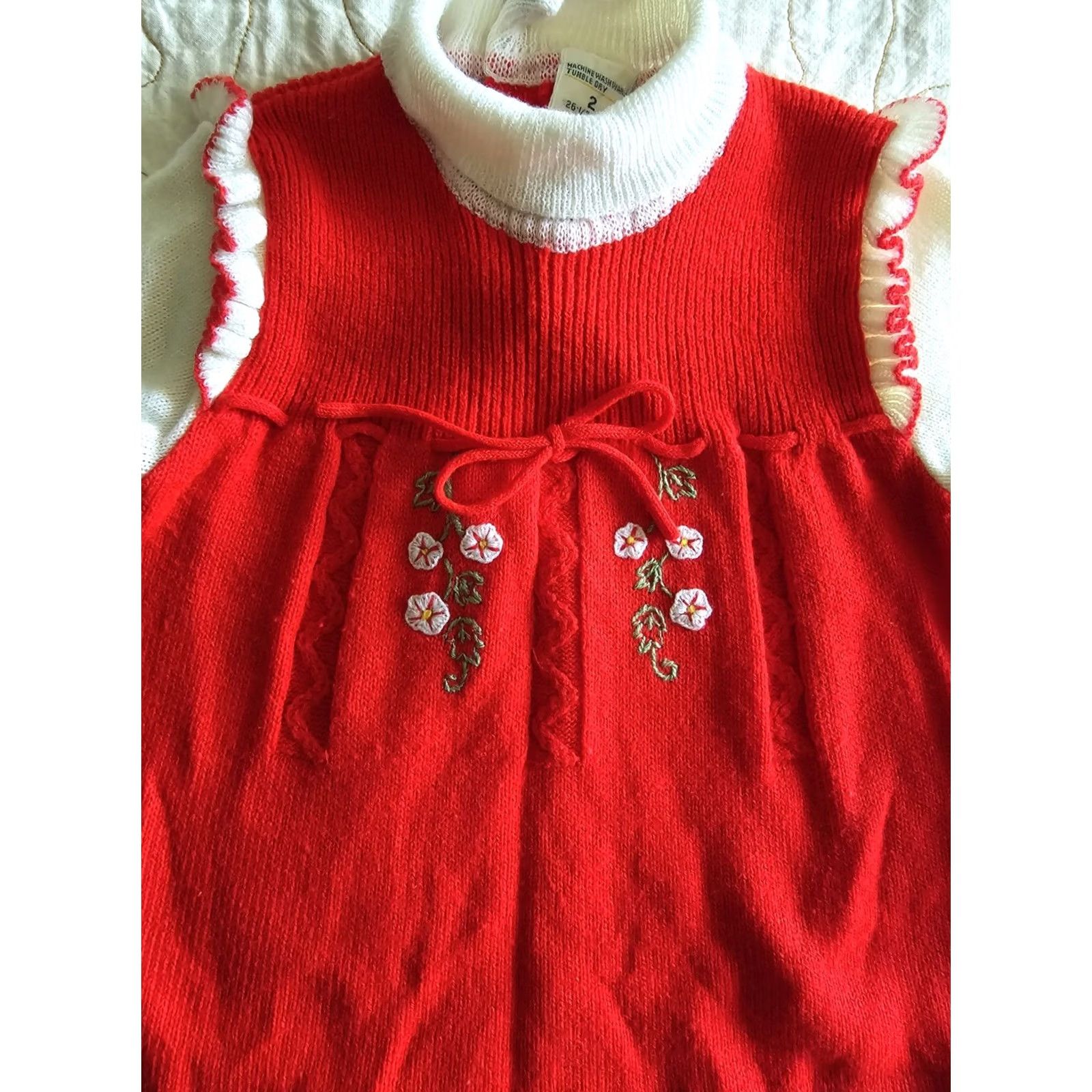 JCPenney VINTAGE Toddle Time 2T Red Dress Girls Long Sleeve Spring Flowers Ruffles 70s 80s JC Penney White Acrylic Size ONE SIZE - 2 Thumbnail