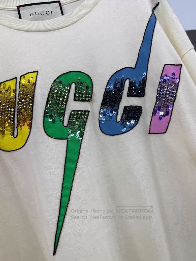 Gucci Gucci Beige letter sequin short-sleeved T-shirt Size S / US 4 / IT 40 - 2 Thumbnail
