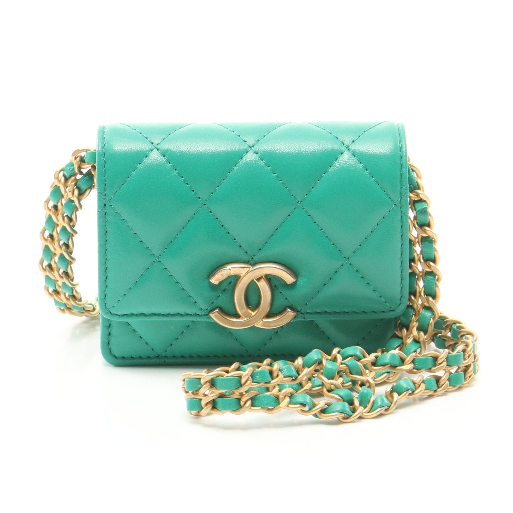 Chanel Chanel Matelasse Coin Purse Card Case Lambskin Green Gold Hardware With Chain Strap Size ONE SIZE - 1 Thumbnail