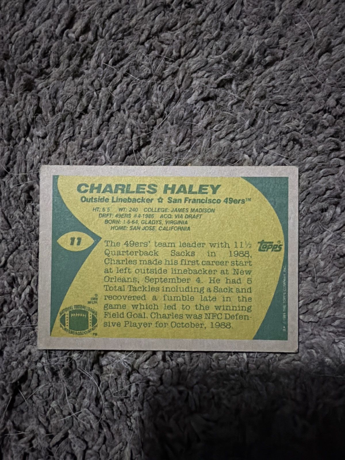 NFL 1989 Topps #11 Charles Haley Card Size ONE SIZE - 2 Thumbnail
