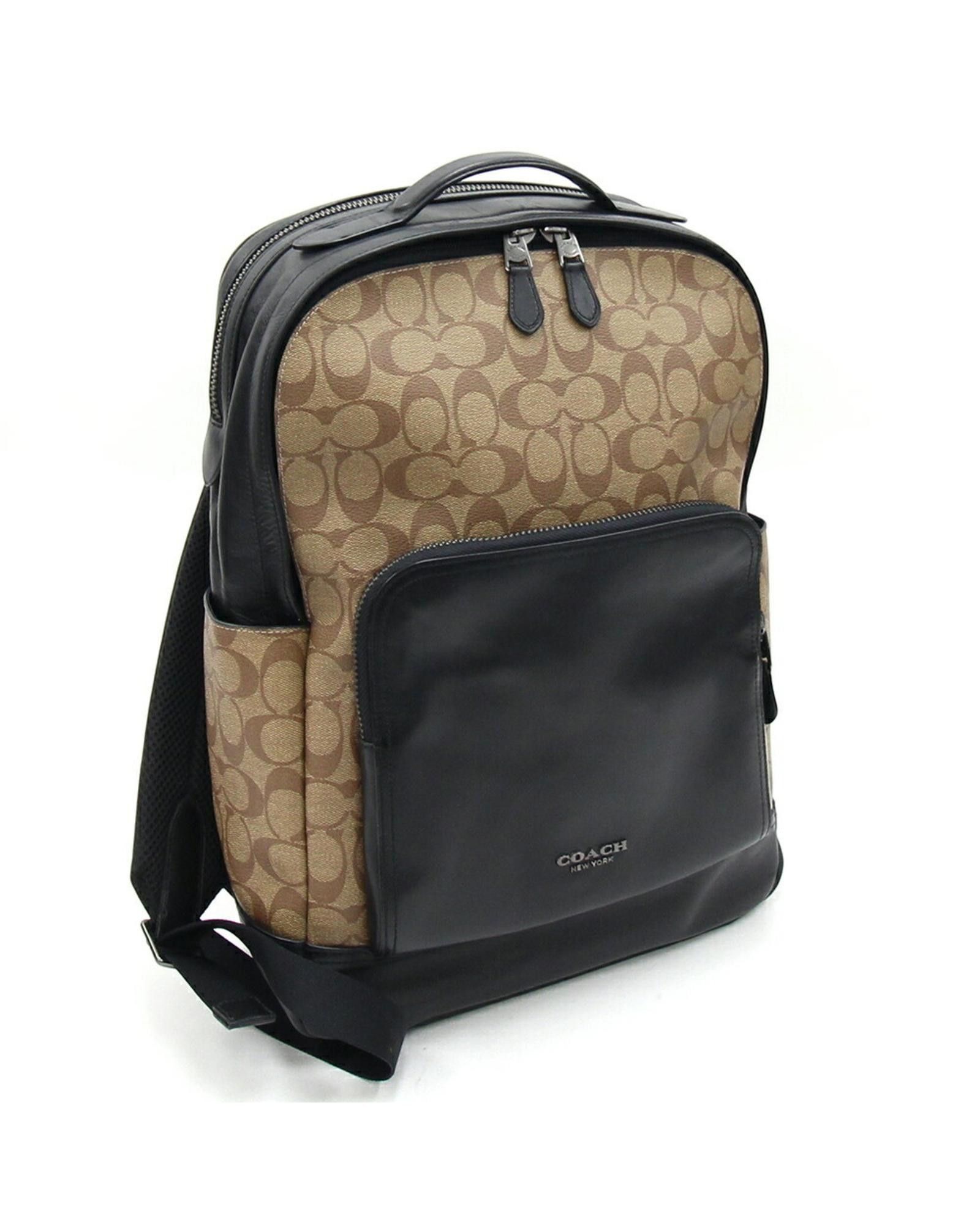 image of Coach Stylish Beige Canvas Backpack With Inner And Outer Pockets, Women's